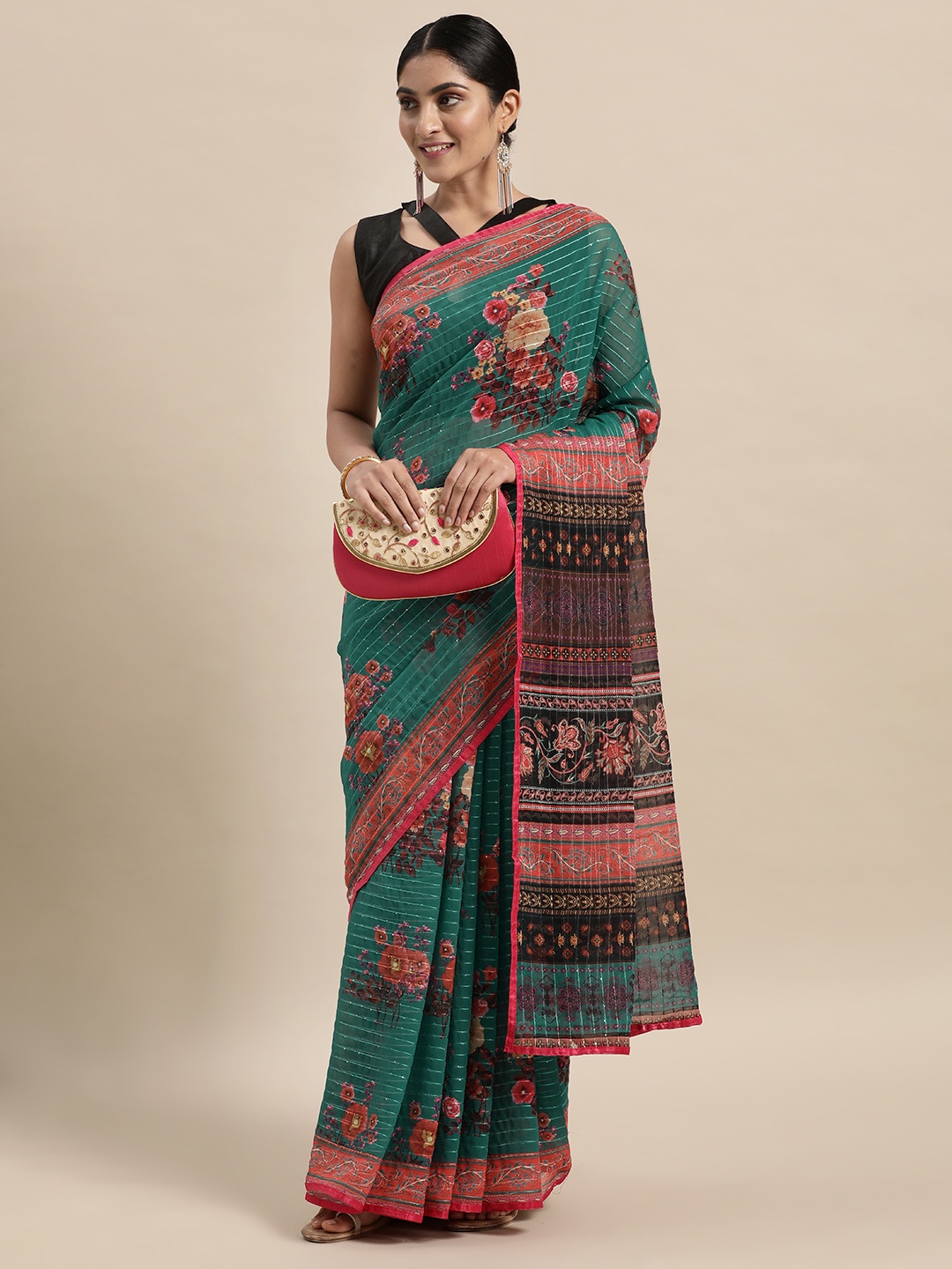 

Anouk Teal Green & Black Floral Sequinned Pure Georgette Saree