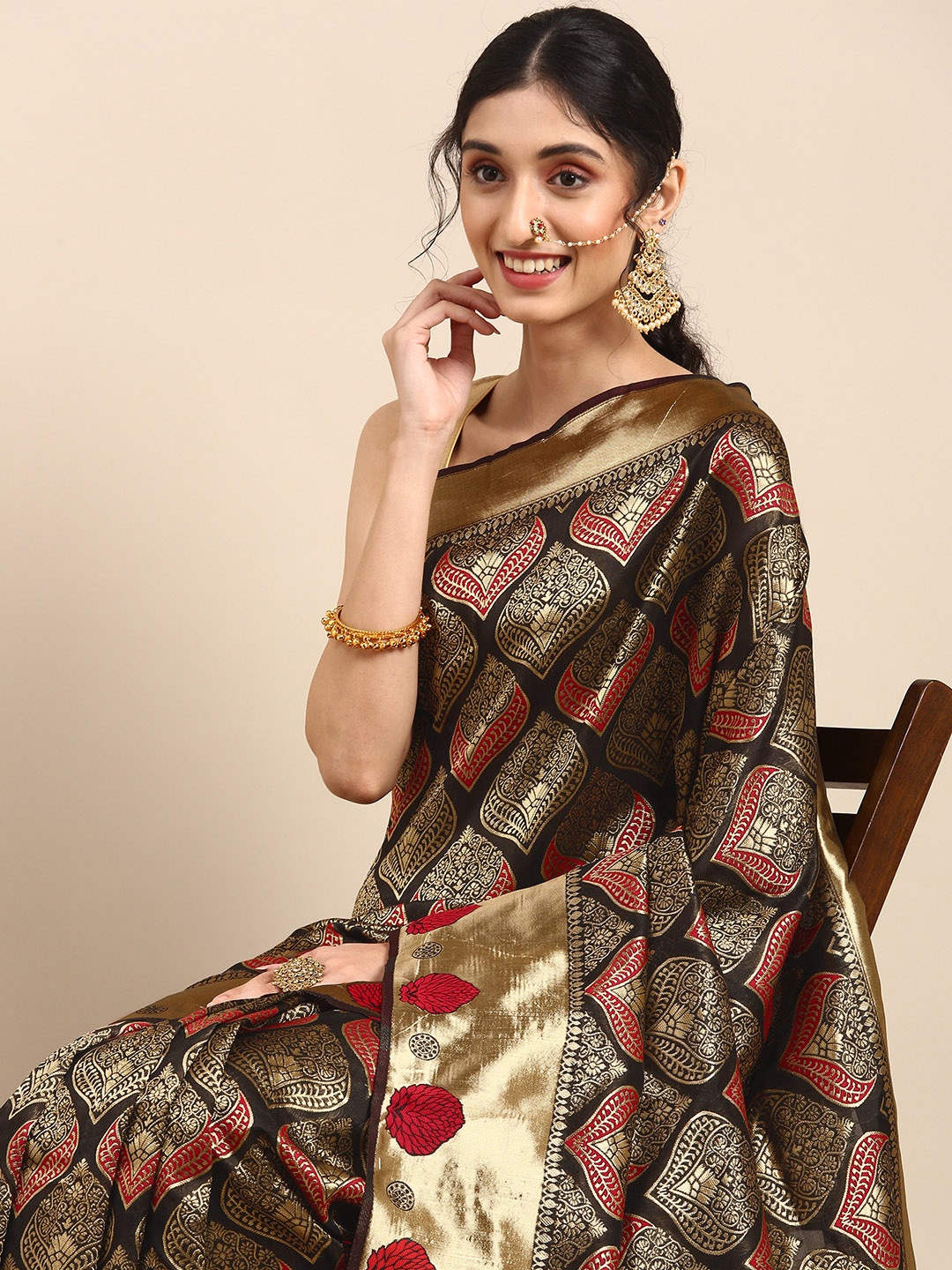 

Anouk Black & Gold-Coloured Woven Design Pure Silk Banarasi Saree