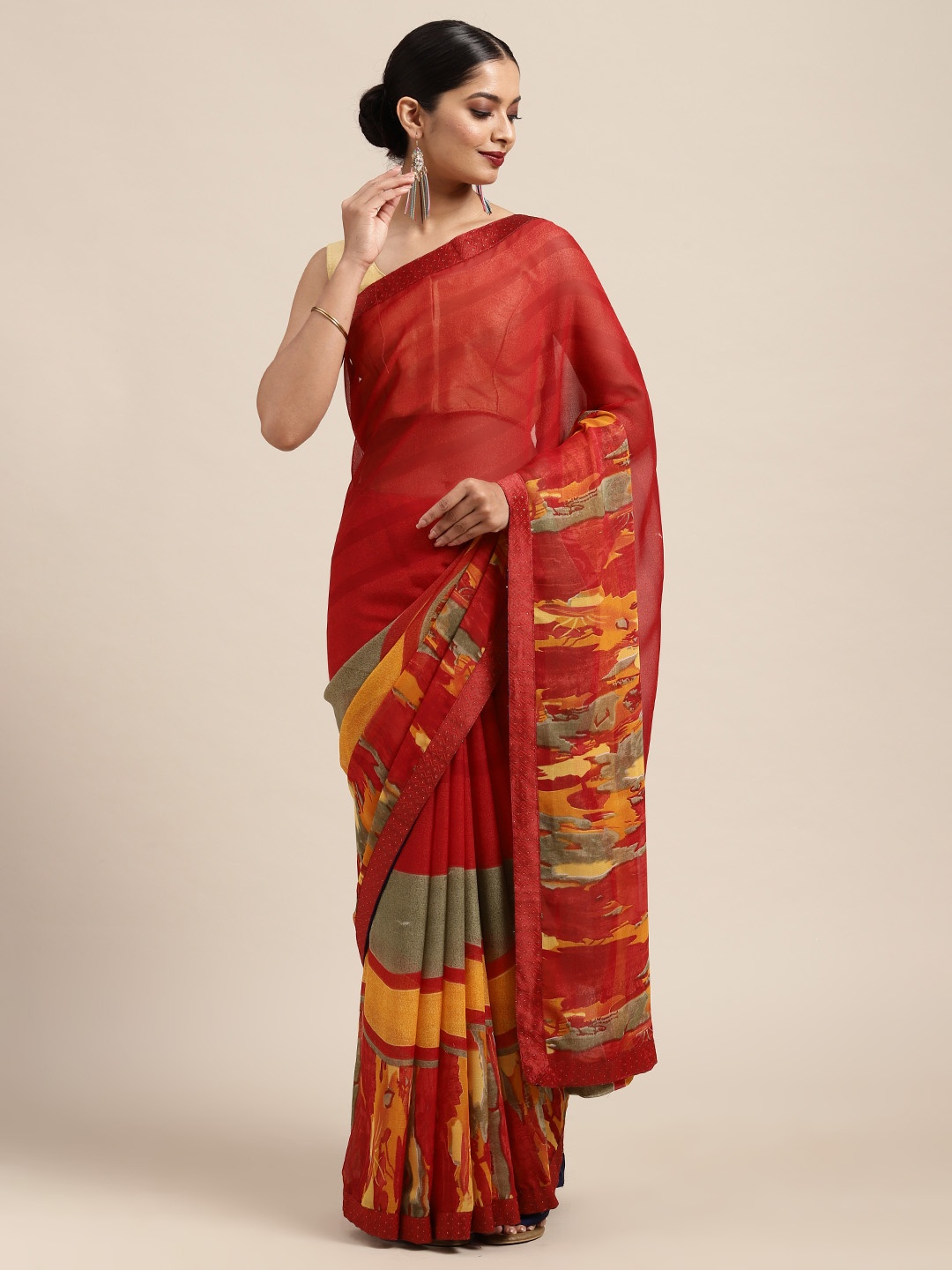 

Anouk Grey & Red Floral Embroidered Pure Georgette Saree