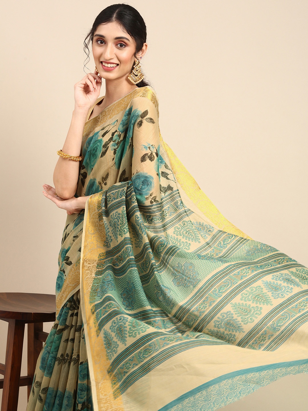 

Anouk Turquoise Blue & Beige Floral Printed Linen Blend Saree