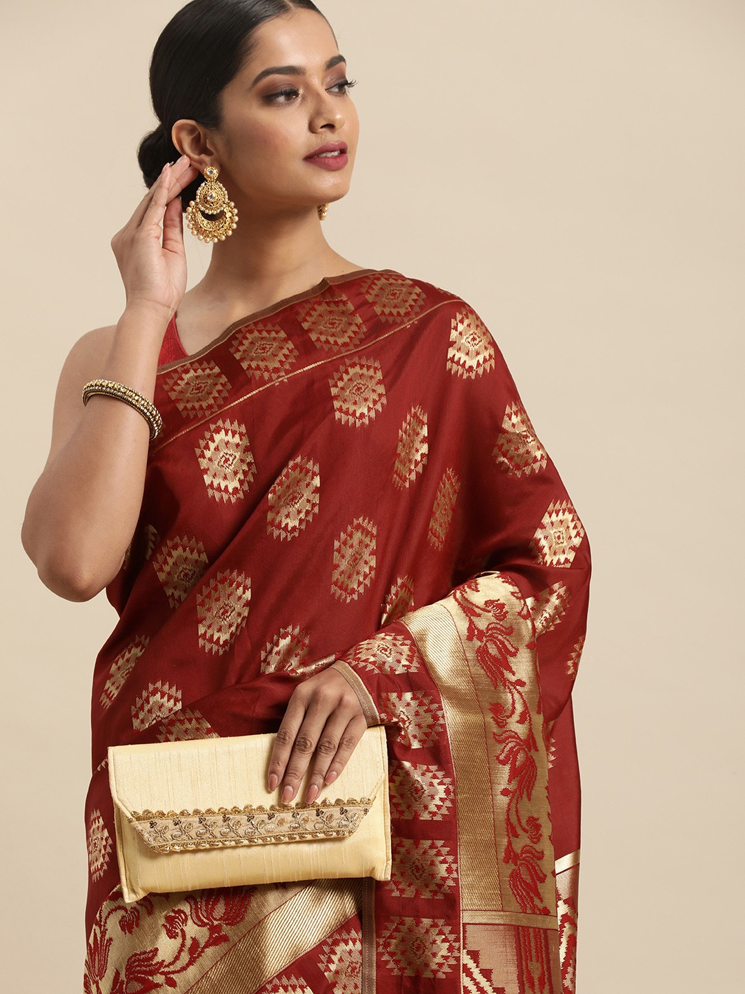 

Anouk Red & Gold-Toned Woven Design Zari Pure Silk Banarasi Saree