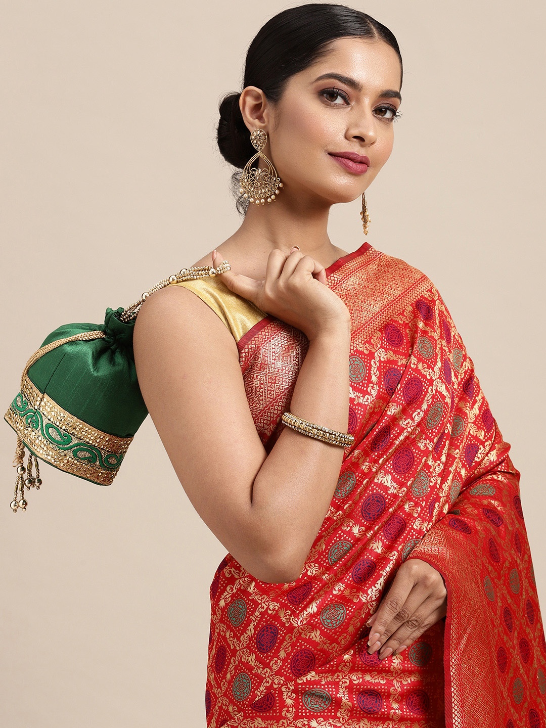 

Anouk Red & Gold-Toned Woven Design Zari Silk Blend Banarasi Saree