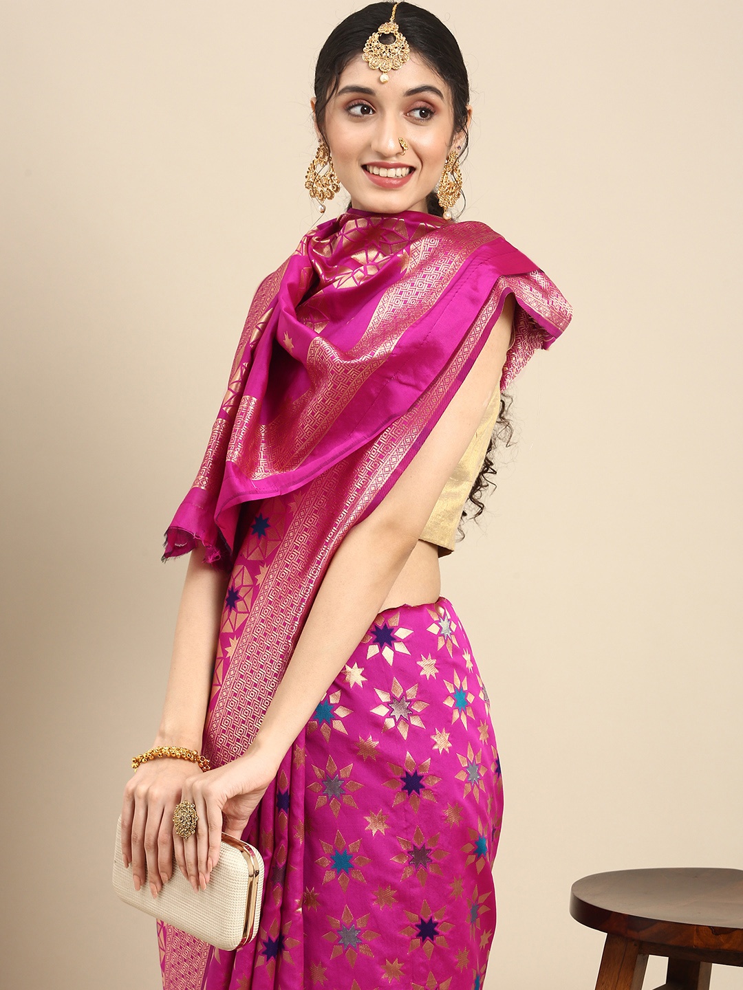 

Anouk Pink & Gold-Coloured Woven Design Pure Silk Banarasi Saree