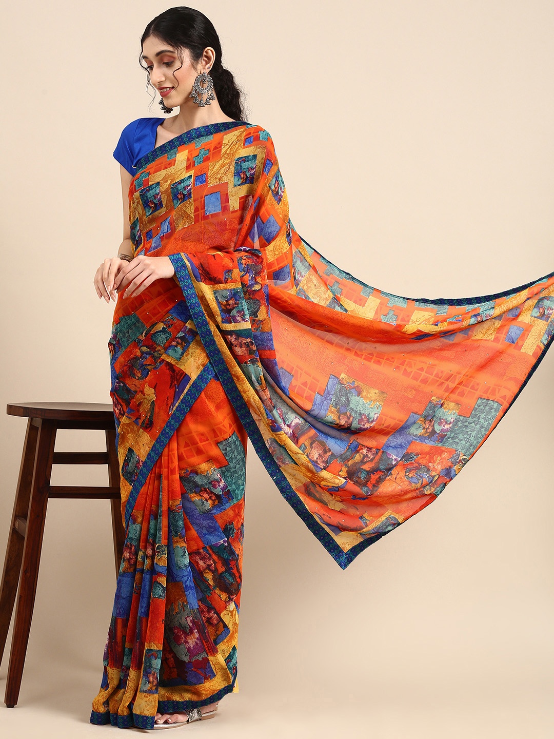 

Anouk Pink & Blue Printed Pure Georgette Saree