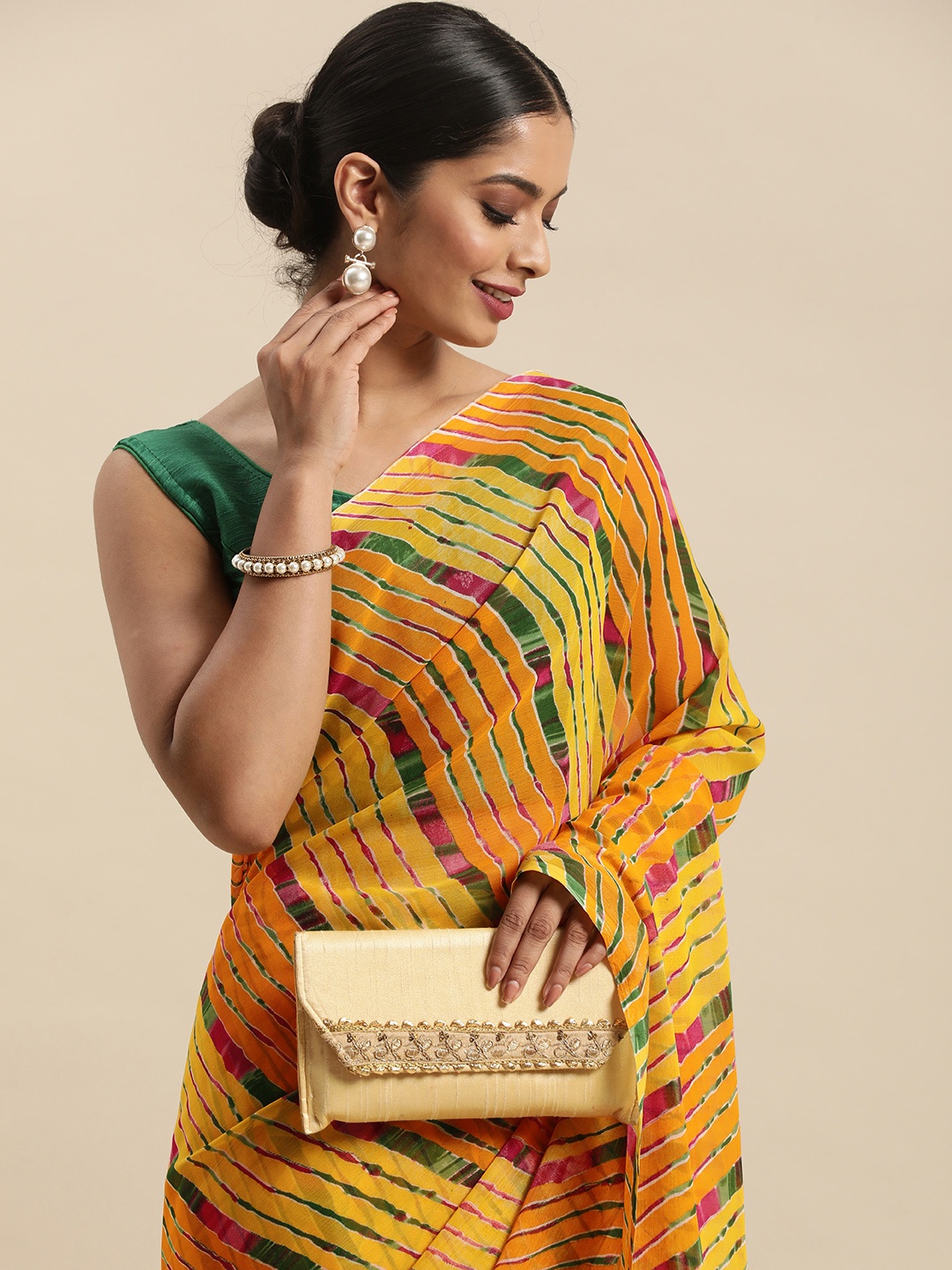 

Anouk Yellow & Green Printed Pure Georgette Bandhani Saree
