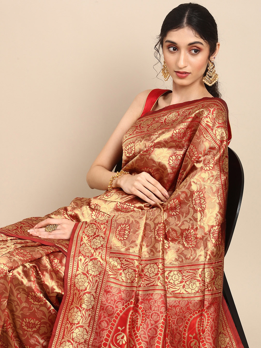 

Anouk Red & Gold-Coloured Woven Design Silk Blend Banarasi Saree