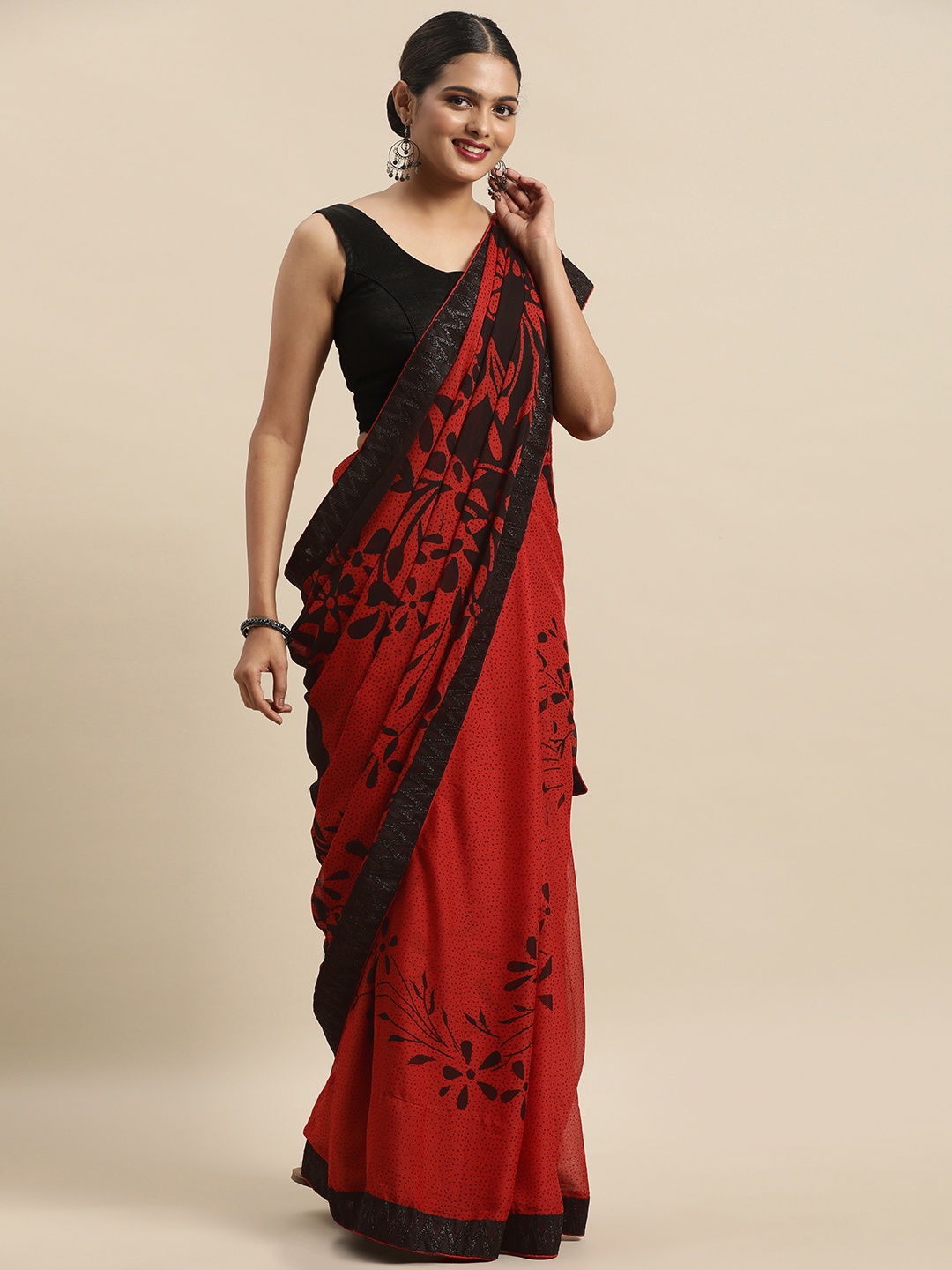 

Anouk Black & Red Floral Sequinned Pure Georgette Saree