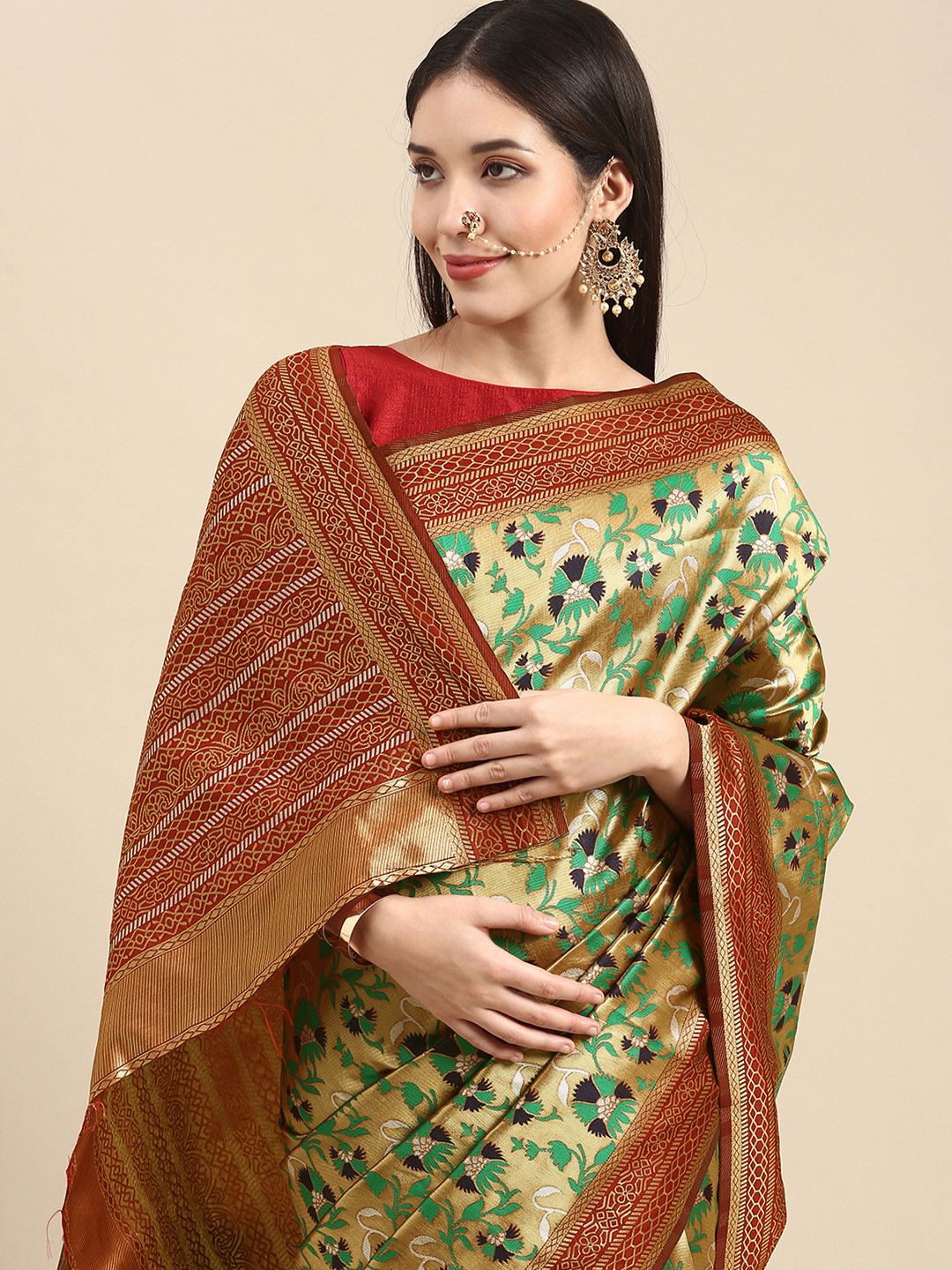 

Anouk Green Woven Design Zari Silk Blend Heavy Work Banarasi Saree