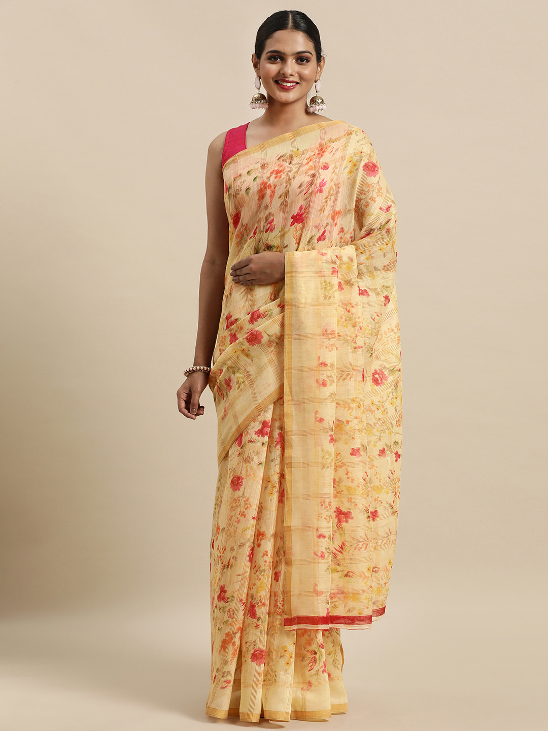 

Anouk Cream-Coloured & Red Floral Zari Linen Blend Patola Saree