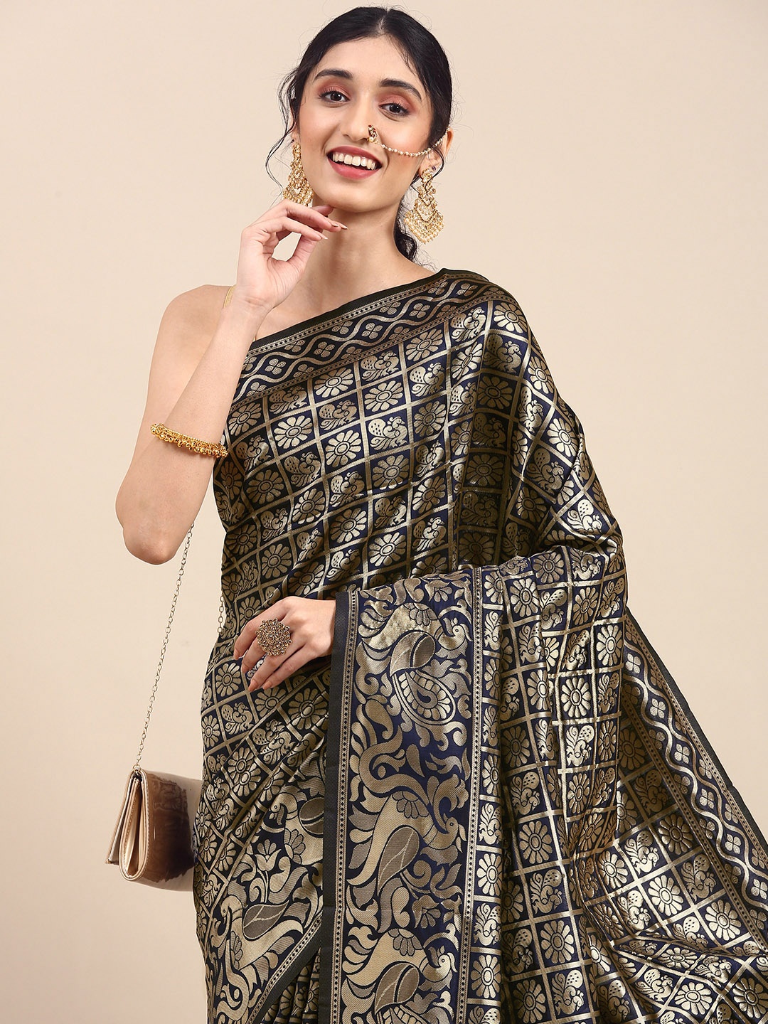 

Anouk Navy Blue & Gold-Coloured Woven Design Pure Silk Patola Saree