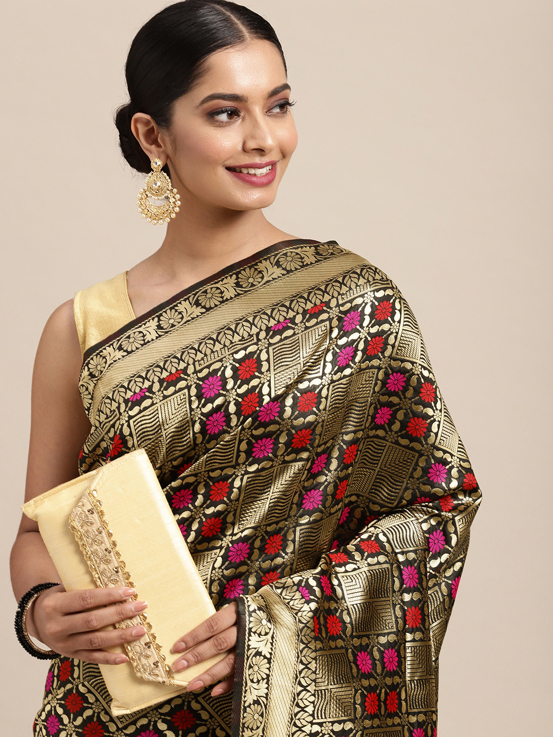 

Anouk Black & Gold-Toned Woven Design Zari Pure Silk Banarasi Saree