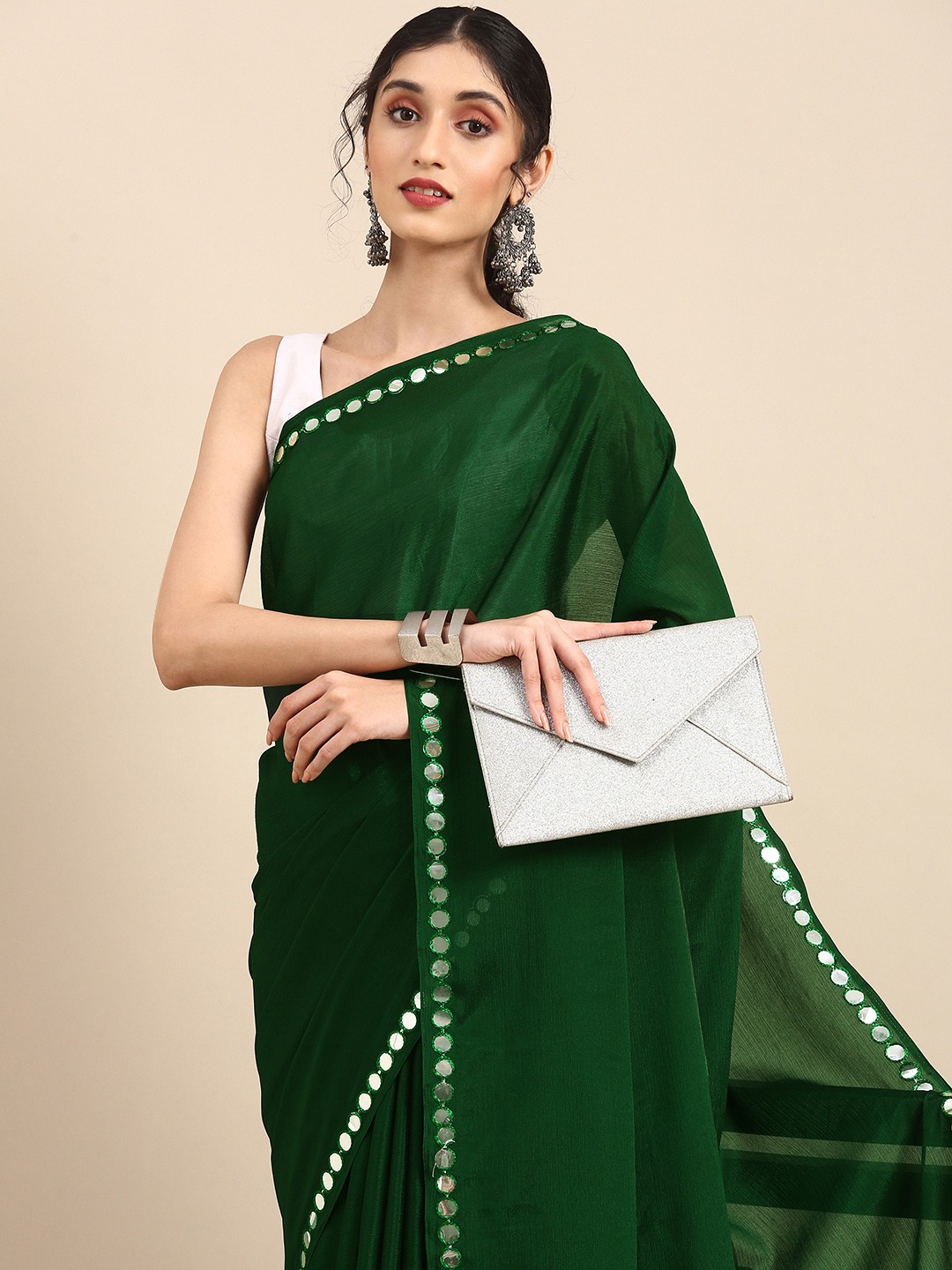 

Anouk Olive Green Organza Mirror Work Silk Blend Saree