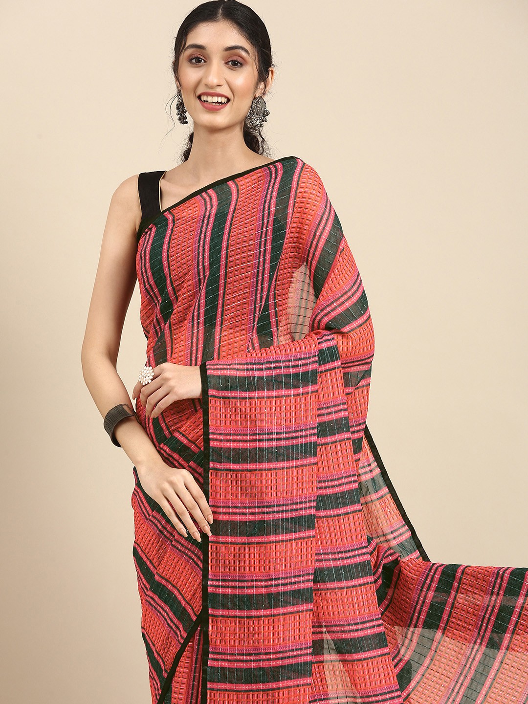 

Anouk Multicoloured Striped Sequinned Pure Georgette Saree, Multi