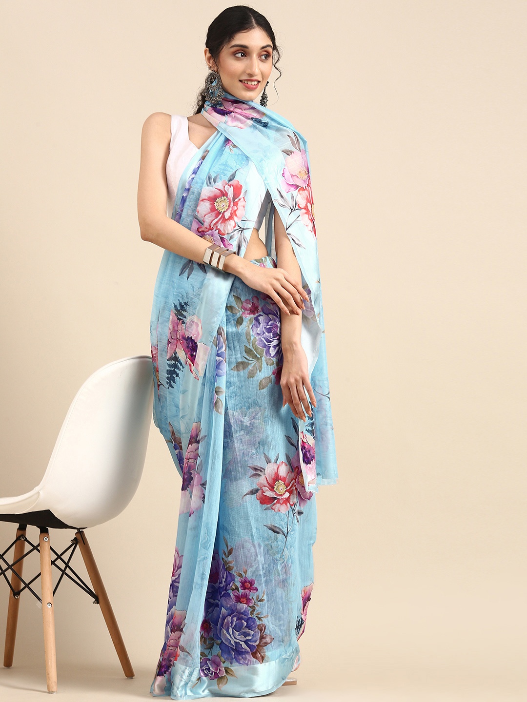 

Anouk Turquoise Blue Floral Printed Linen Blend Saree