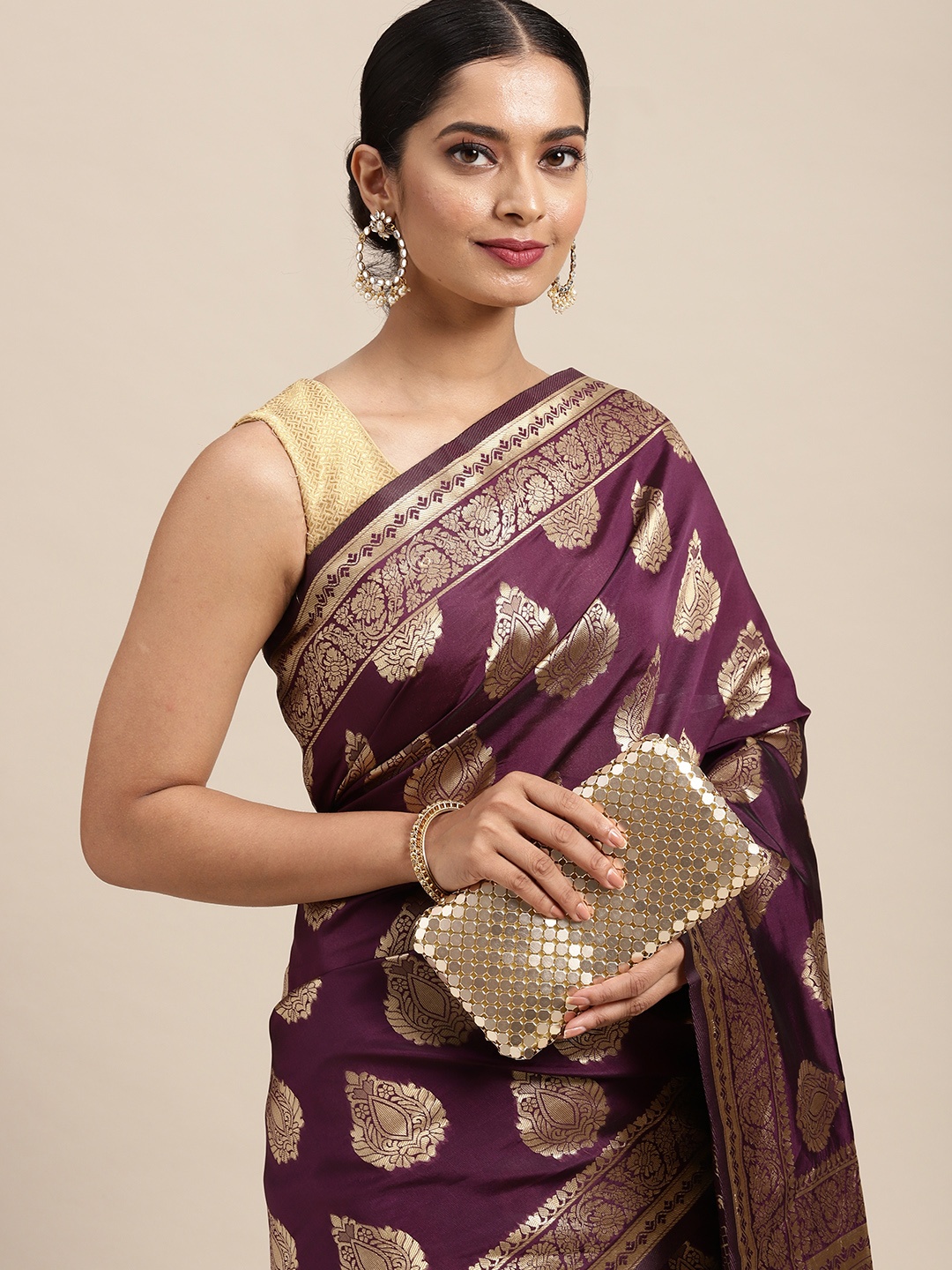 

Anouk Purple & Gold-Toned Woven Design Zari Pure Silk Banarasi Saree