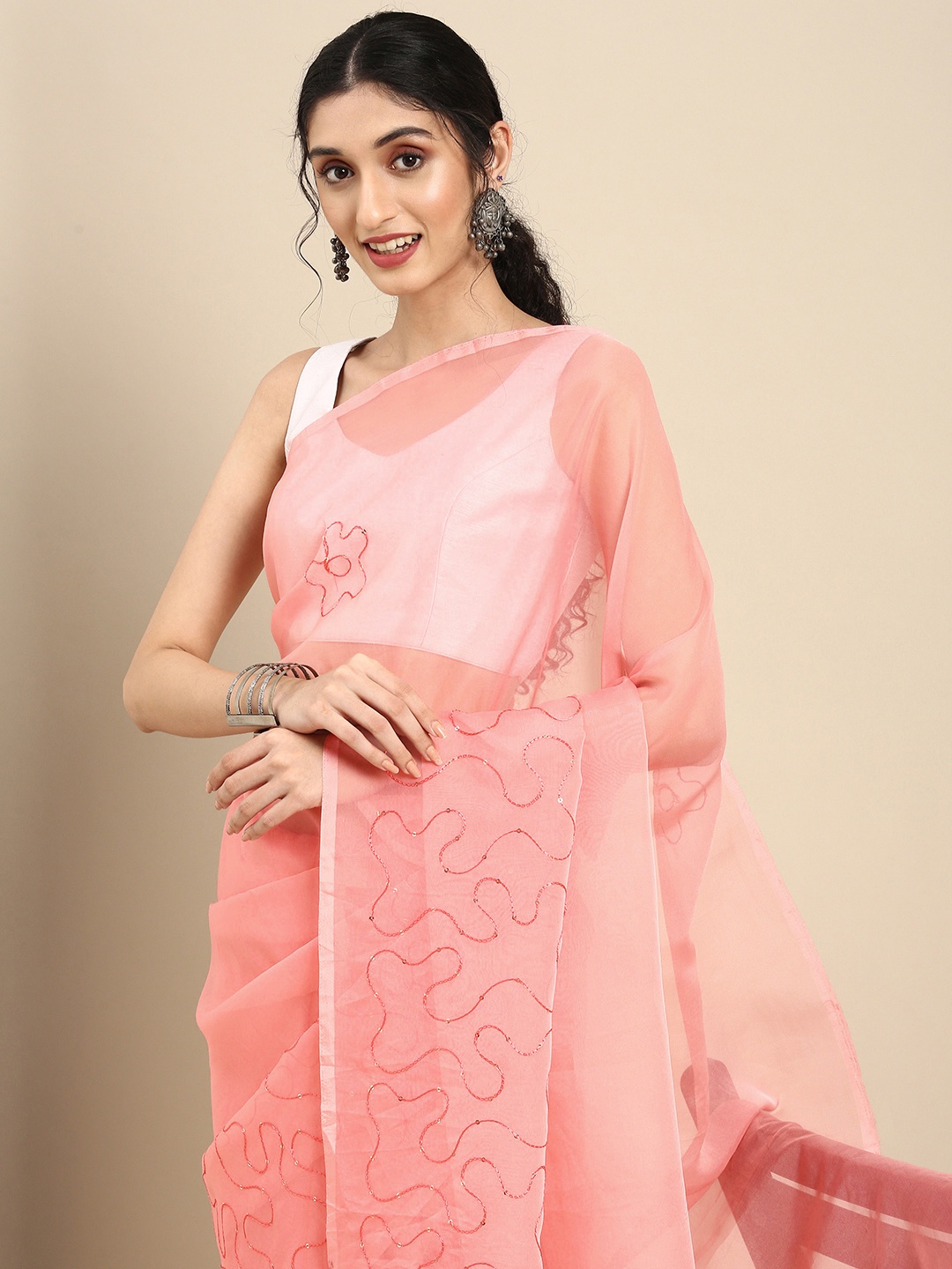 

Anouk Pink Sequinned Organza Saree