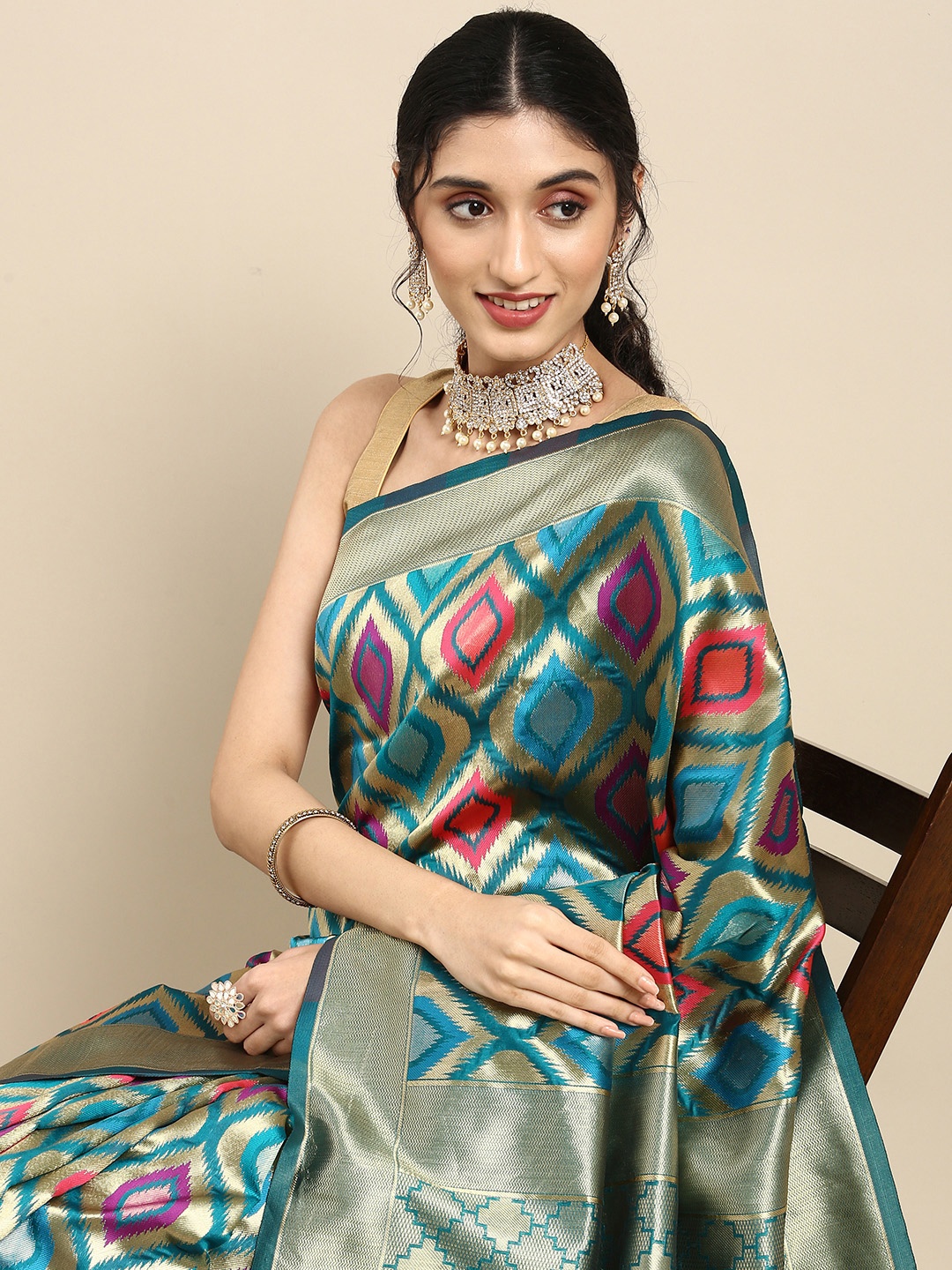 

Anouk Blue & Pink Woven Design Silk Blend Banarasi Saree