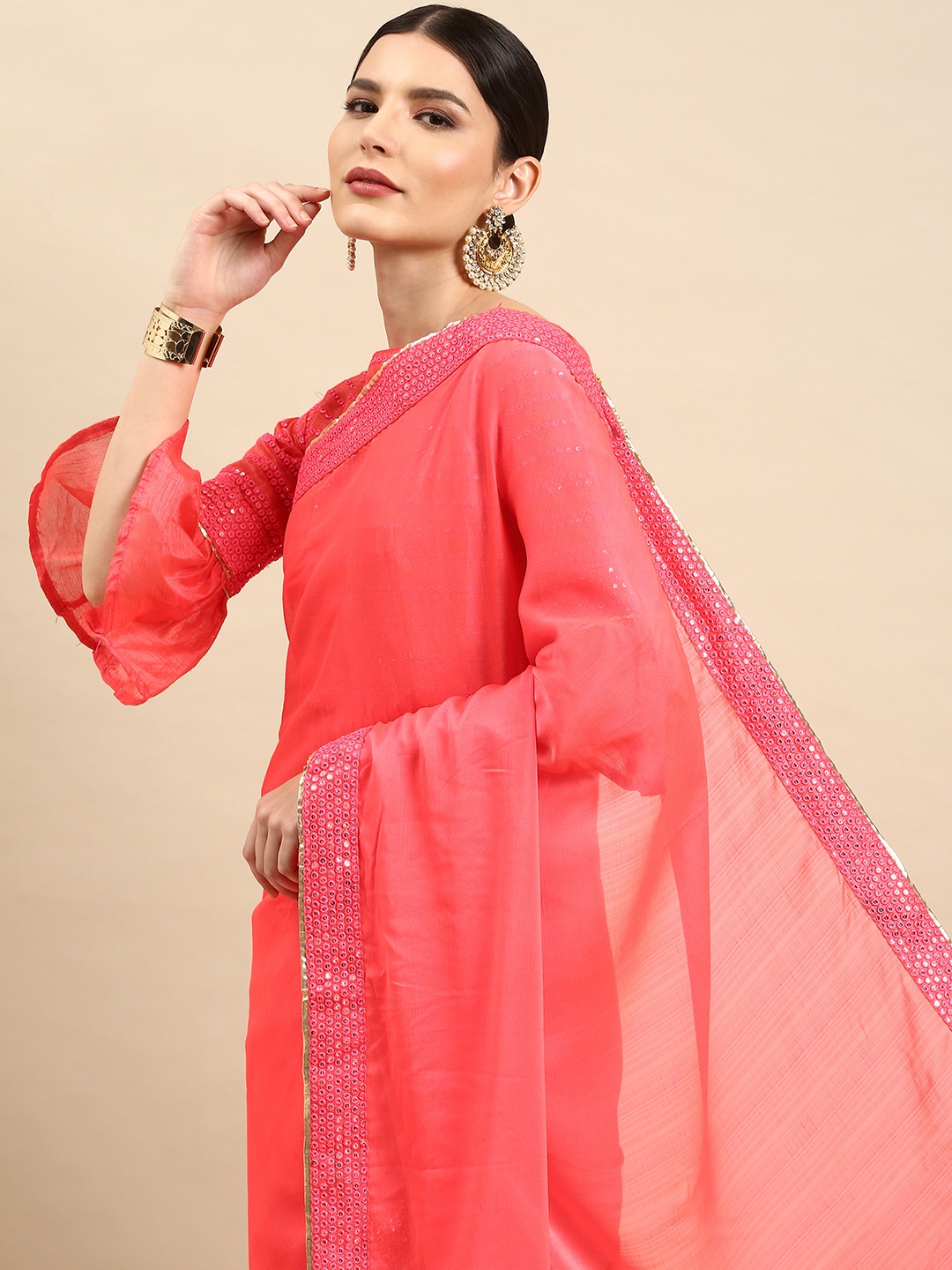 

Anouk Peach-Coloured Mirror Work Organza Saree