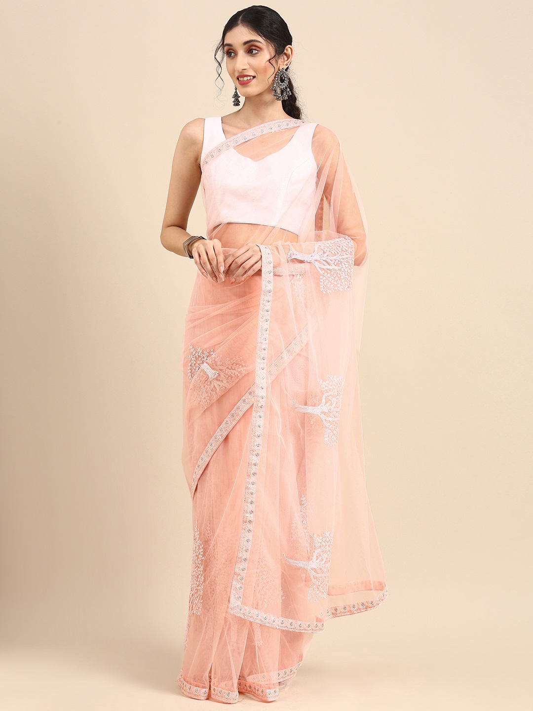 

Anouk Pink & White Embellished Sequinned Supernet Saree