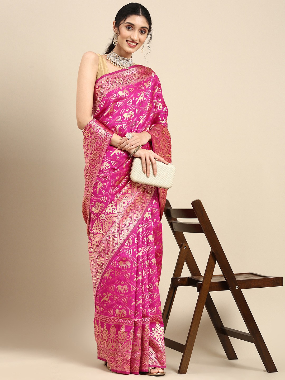 

Anouk Fuchsia & Gold-Coloured Ethnic Motifs Printed Pure Silk Saree