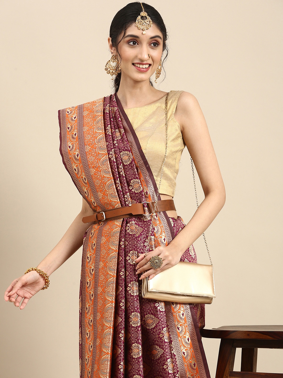 

Anouk Purple Woven Design Zari Silk Blend Heavy Work Banarasi Saree