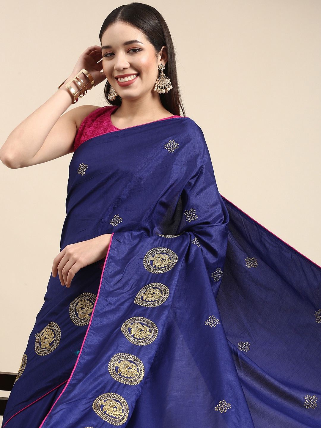 

Anouk Navy Blue Embroidered Silk Cotton Saree