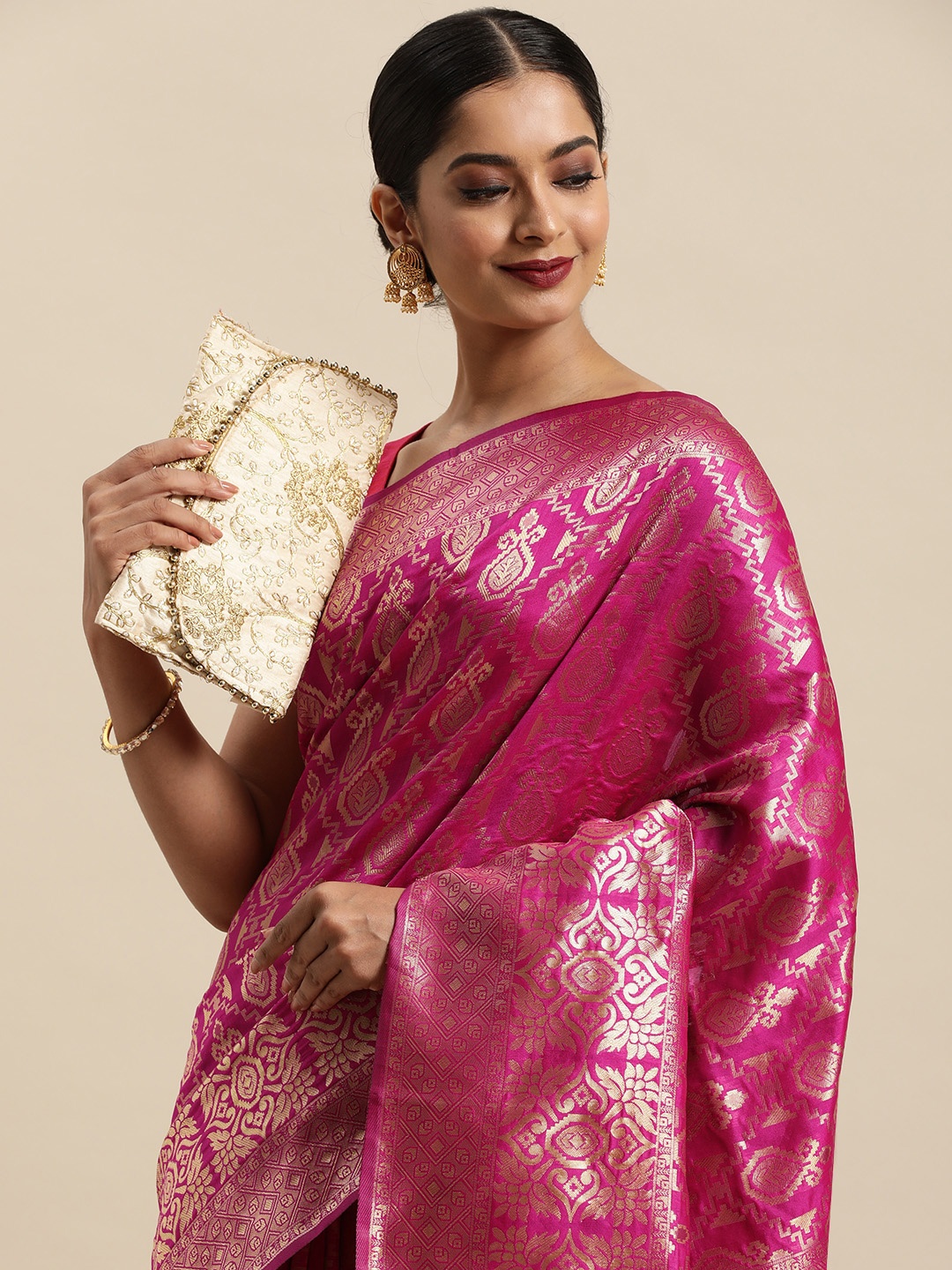 

Anouk Fuchsia & Gold-Toned Ethnic Motifs Zari Pure Silk Banarasi Saree