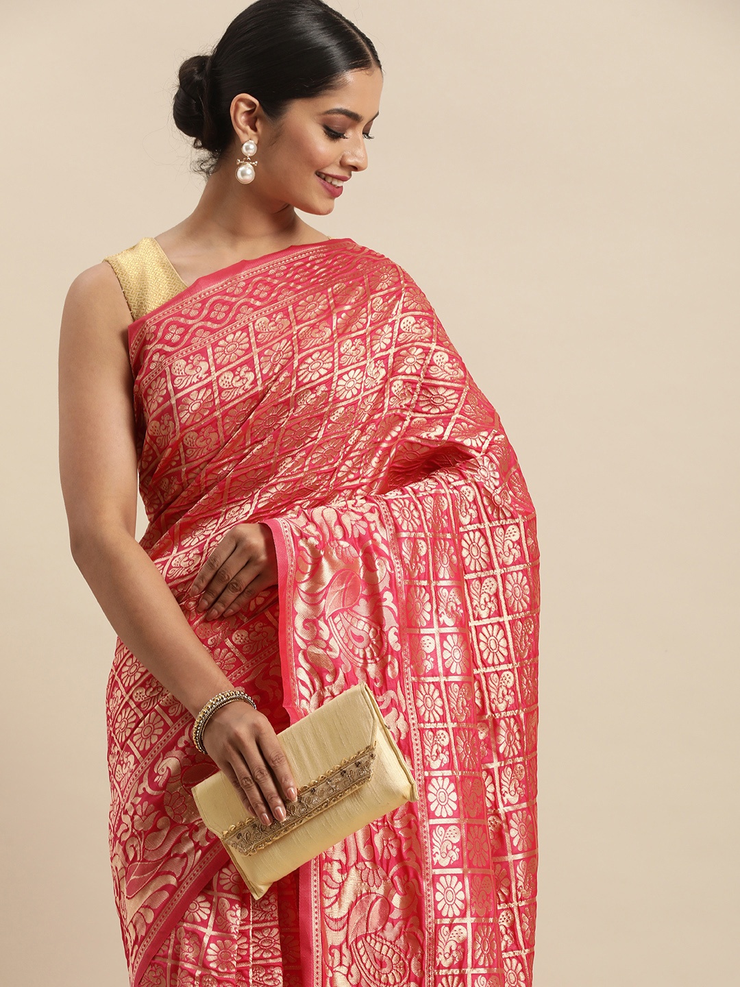 

Anouk Pink Ethnic Motifs Woven Zari Pure Silk Patola Saree