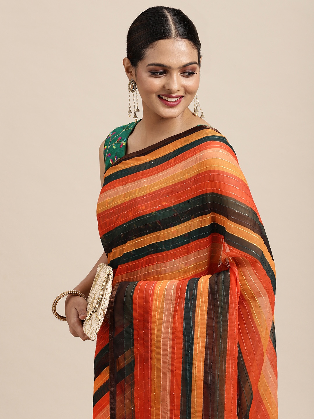 

Anouk Orange & Black Sequinned Embellished Pure Georgette Saree