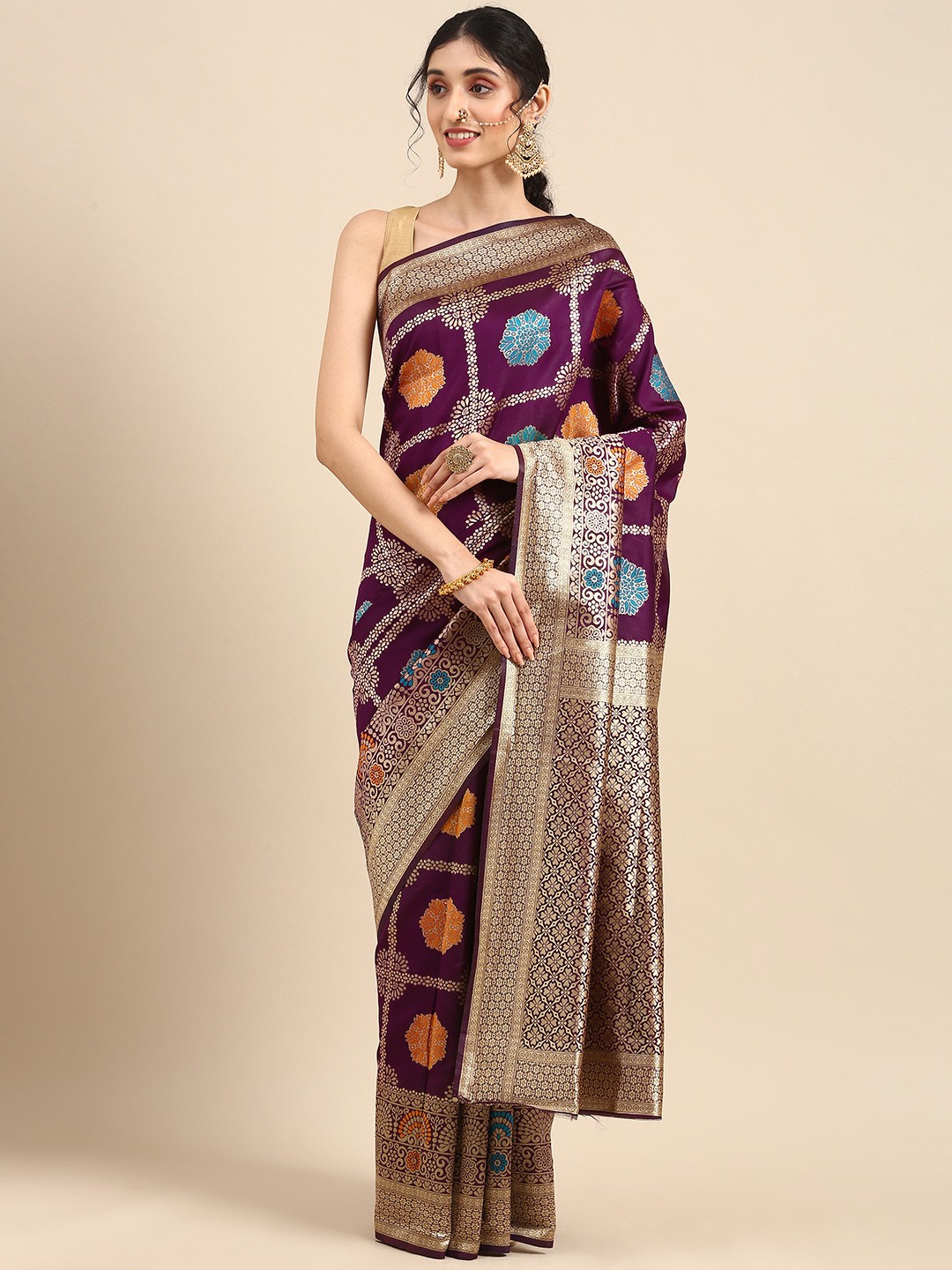 

Anouk Purple & Gold-Coloured Woven Design Pure Silk Banarasi Saree
