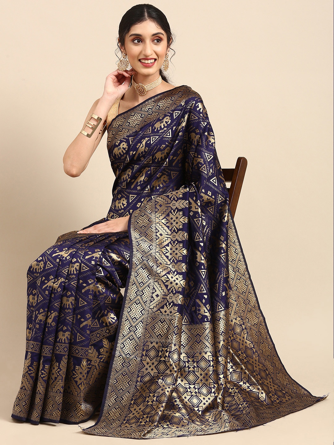 

Anouk Navy Blue & Gold-Coloured Woven Design Pure Silk Saree