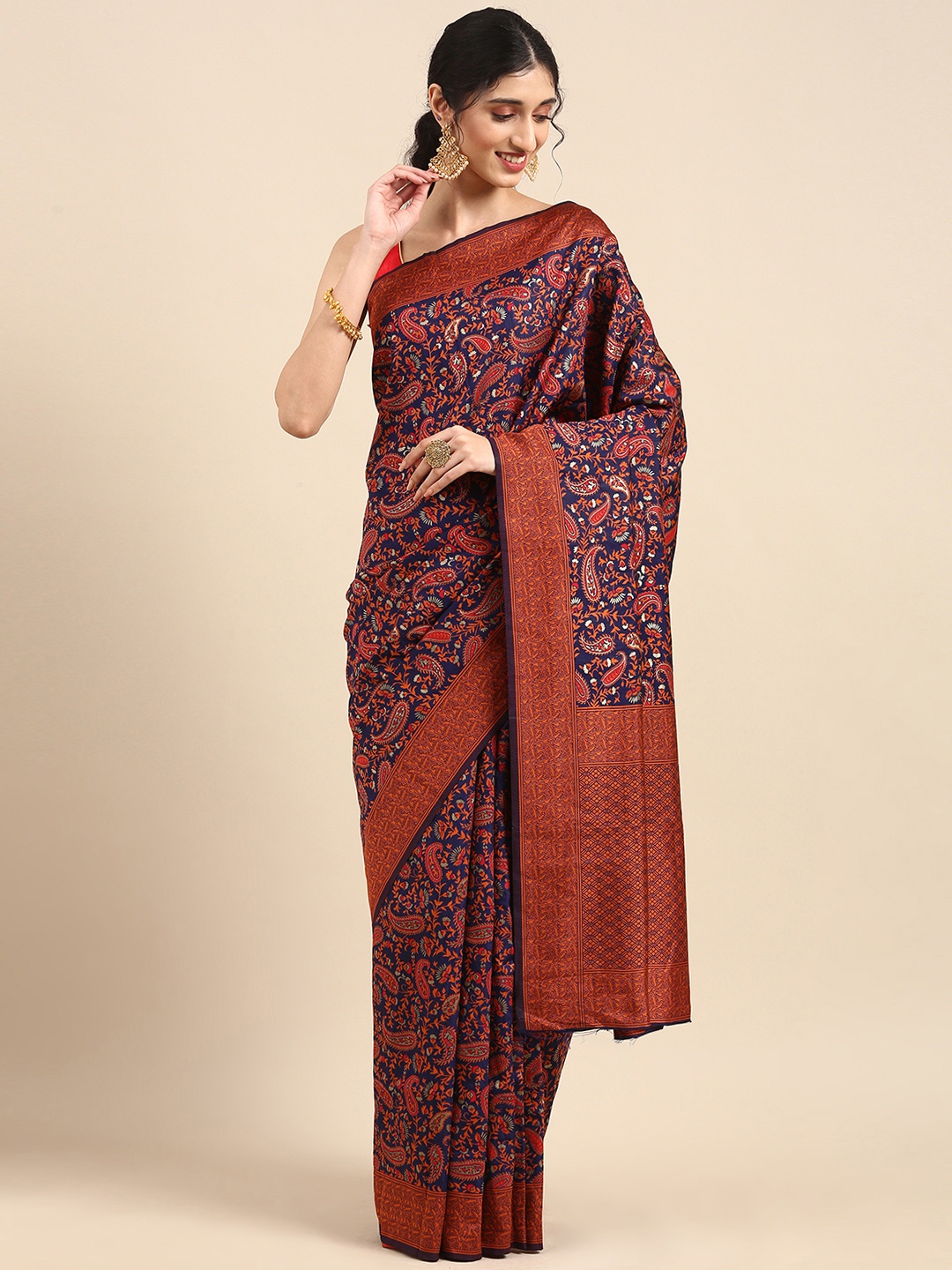 

Anouk Navy Blue & Brown Woven Design Silk Blend Banarasi Saree