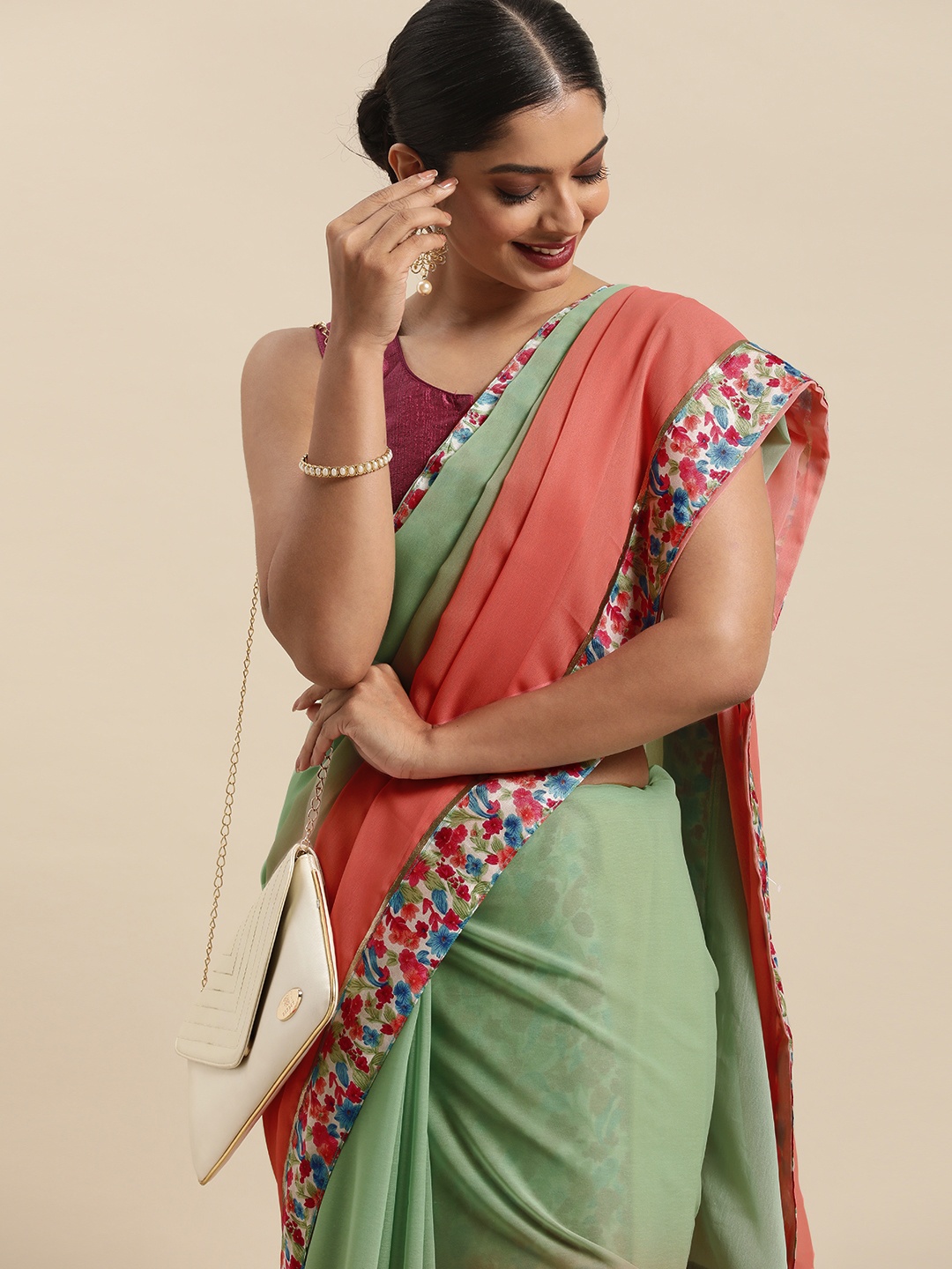 

Anouk Green & Peach-Coloured Ombre Pure Georgette Saree