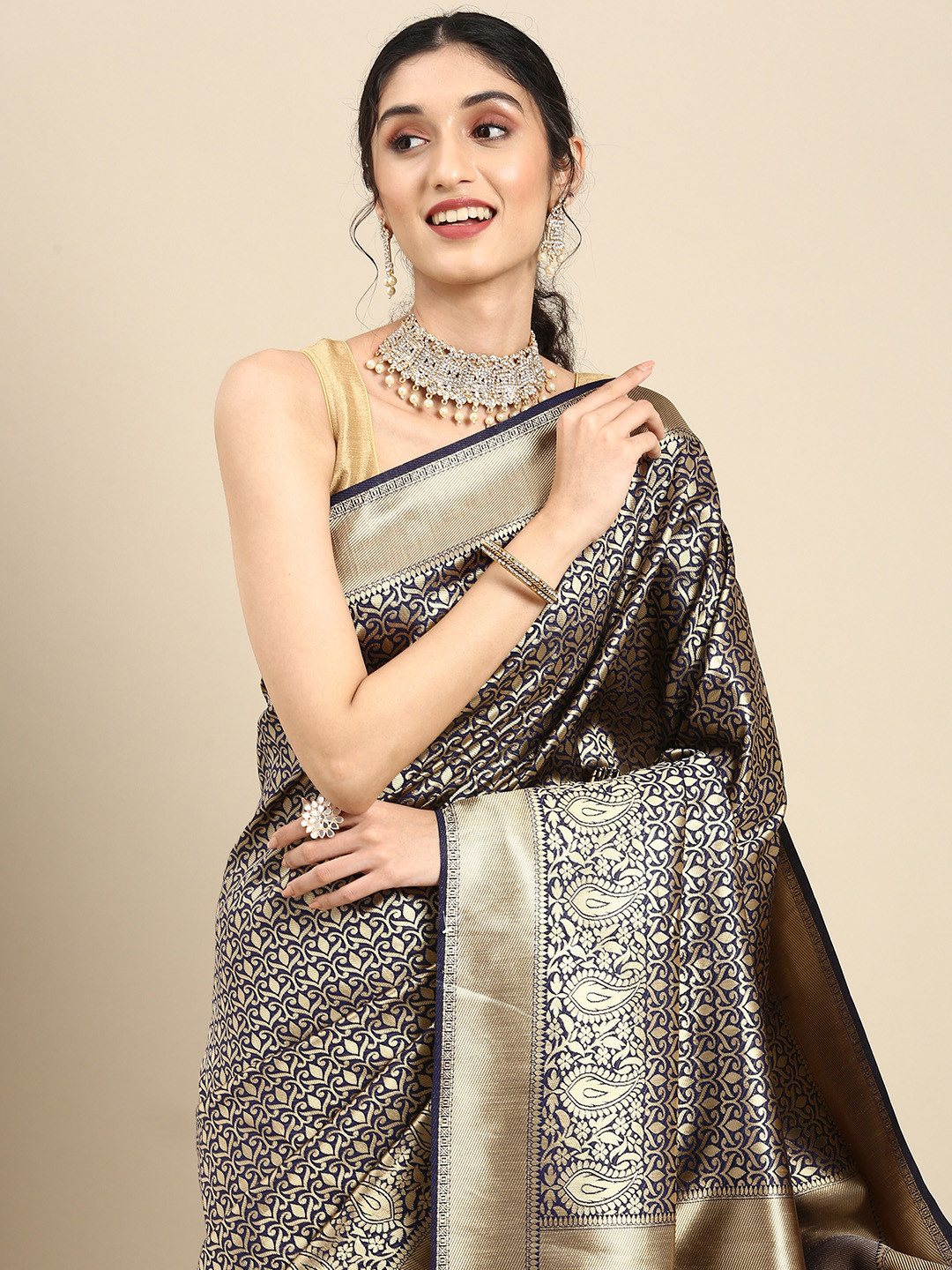 

Anouk Navy Blue & Gold-Coloured Woven Silk Blend Banarasi Saree