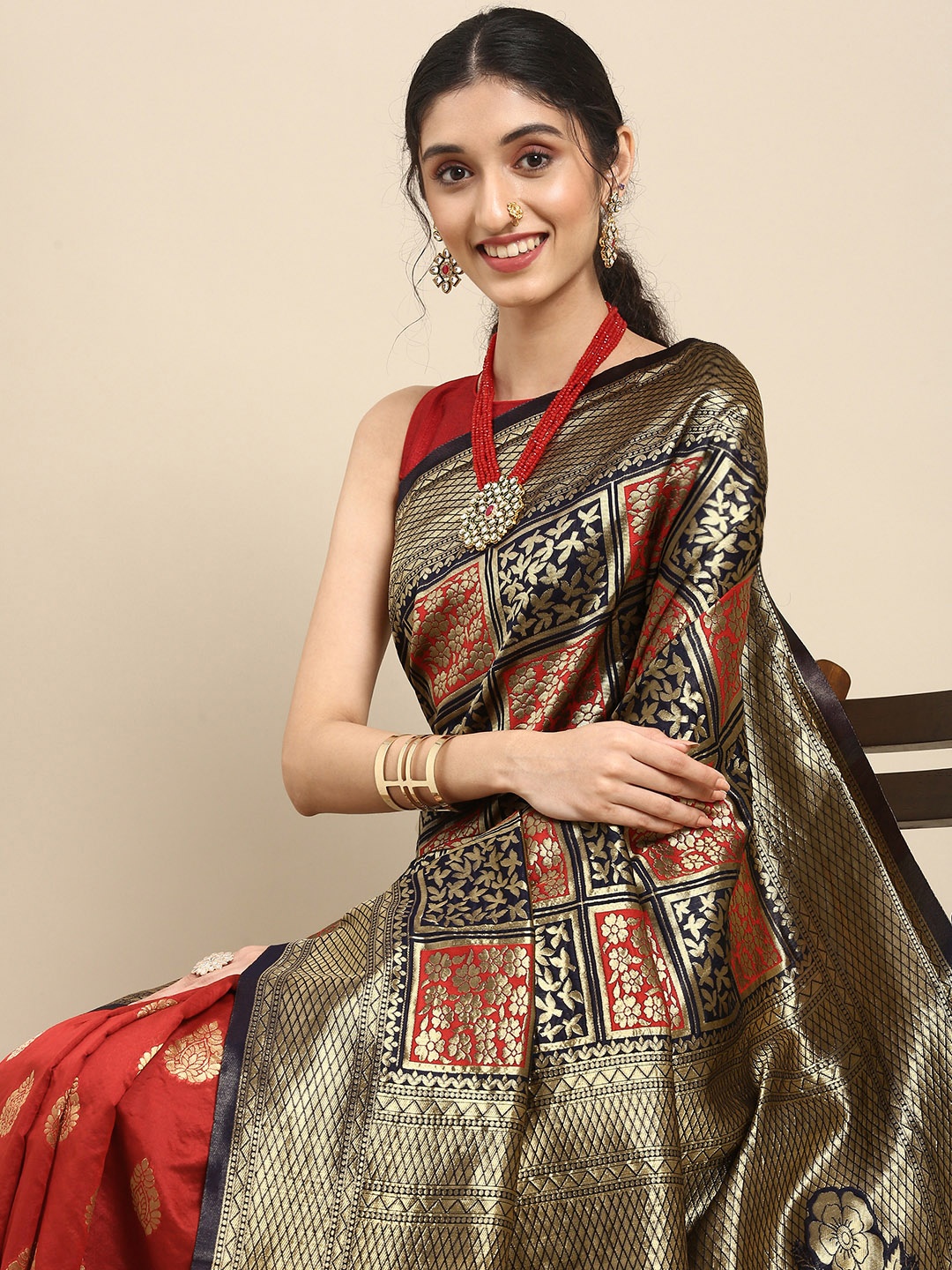 

Anouk Maroon & Gold-Coloured Woven Design Silk Blend Banarasi Saree