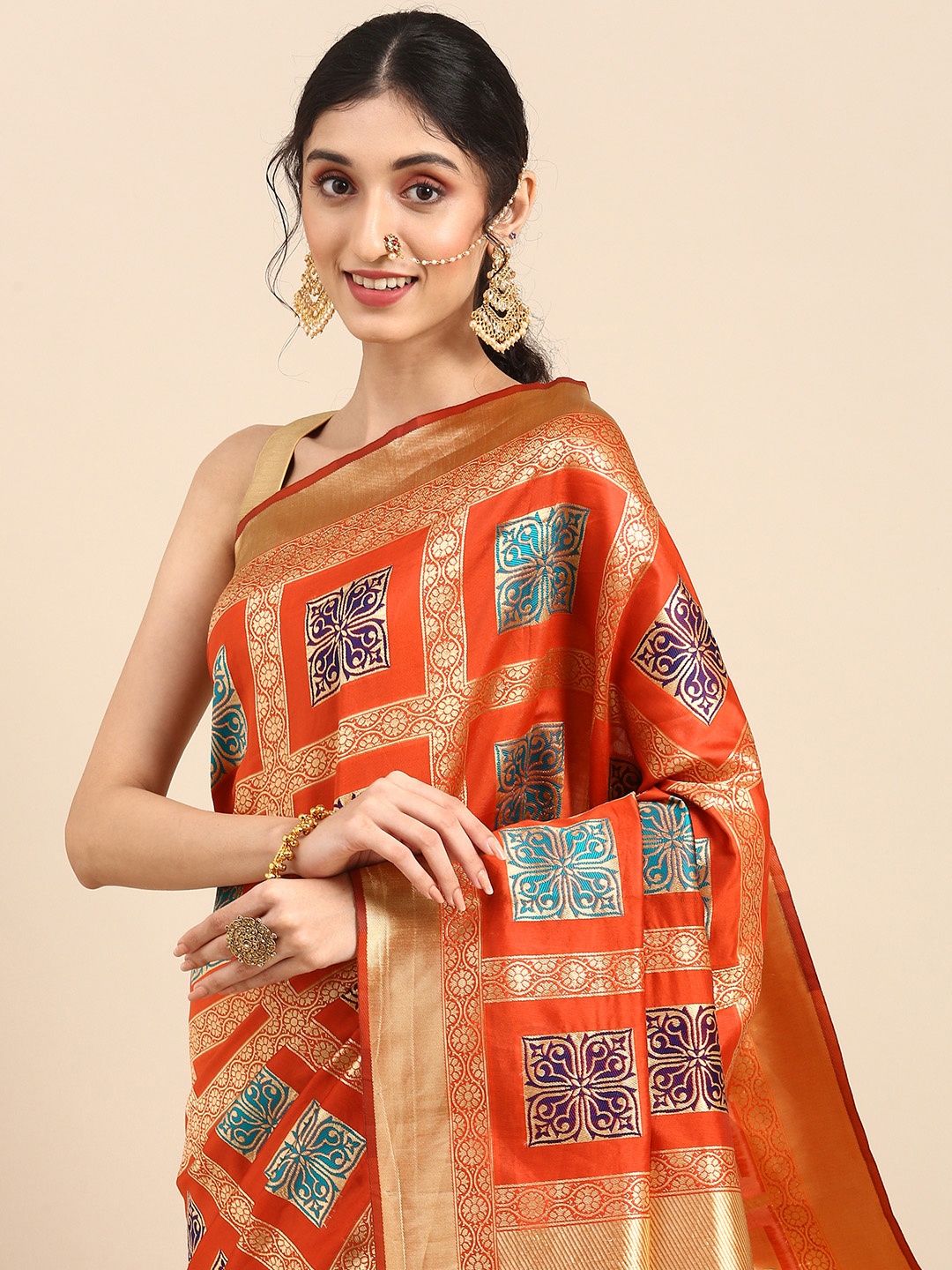 

Anouk Maroon & Orange Woven Design Pure Silk Banarasi Saree