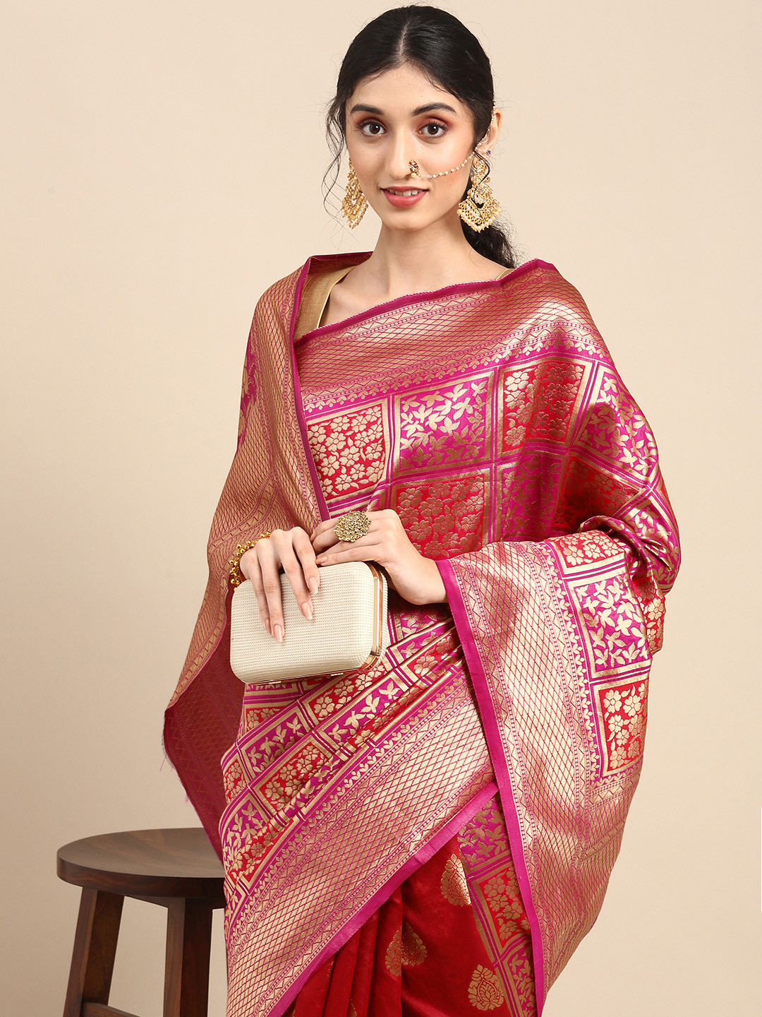 

Anouk Pink & Gold-Coloured Woven Design Silk Blend Banarasi Saree