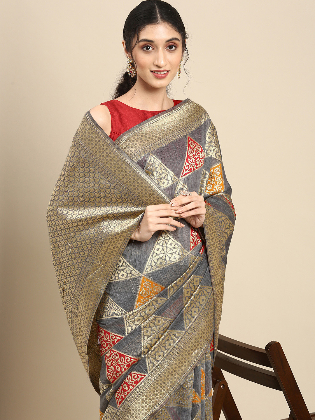 

Anouk Grey Woven Design Zari Pure Silk Heavy Work Banarasi Saree