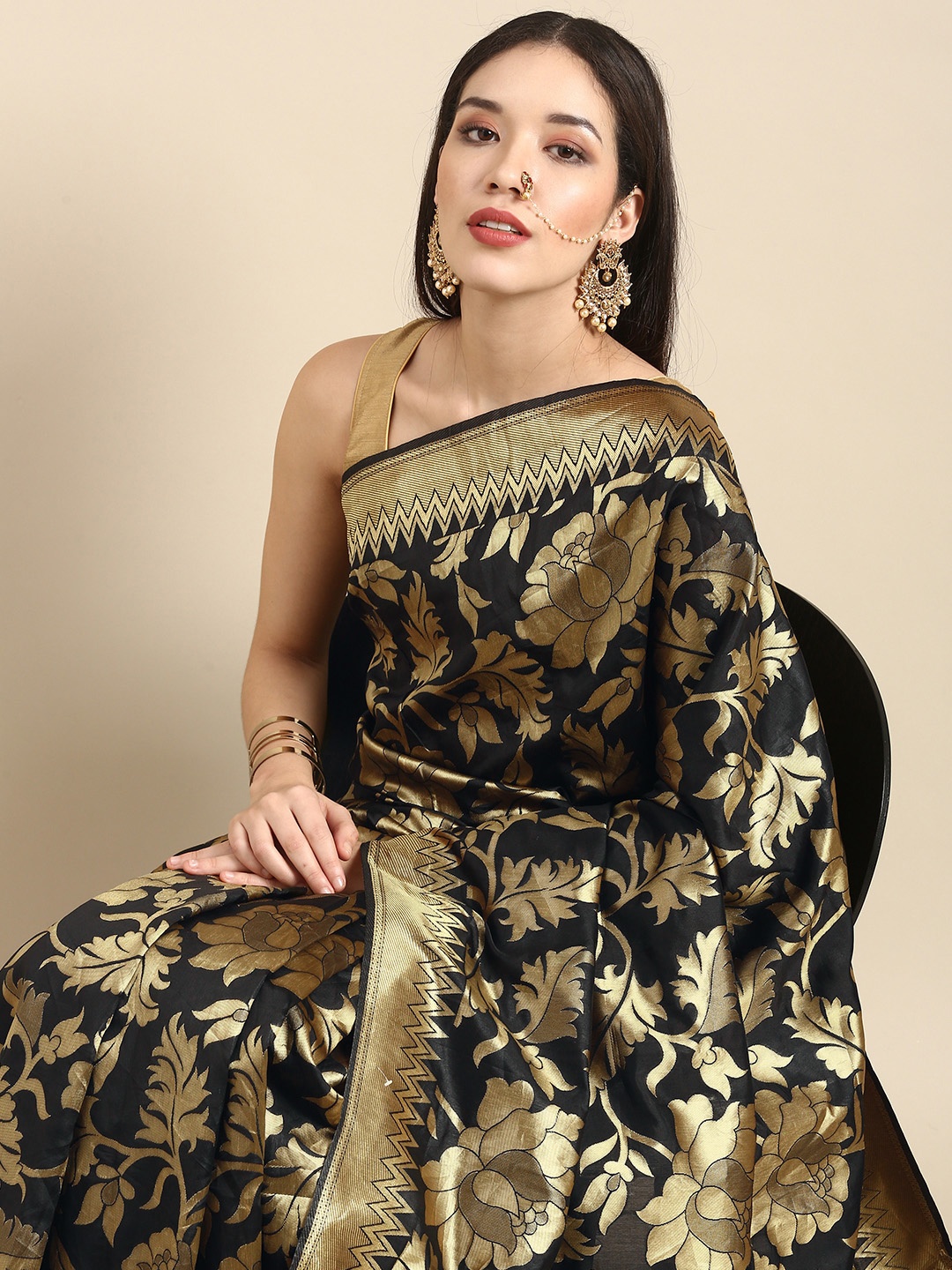 

Anouk Black & Gold-Toned Woven Design Zari Silk Blend Heavy Work Banarasi Saree