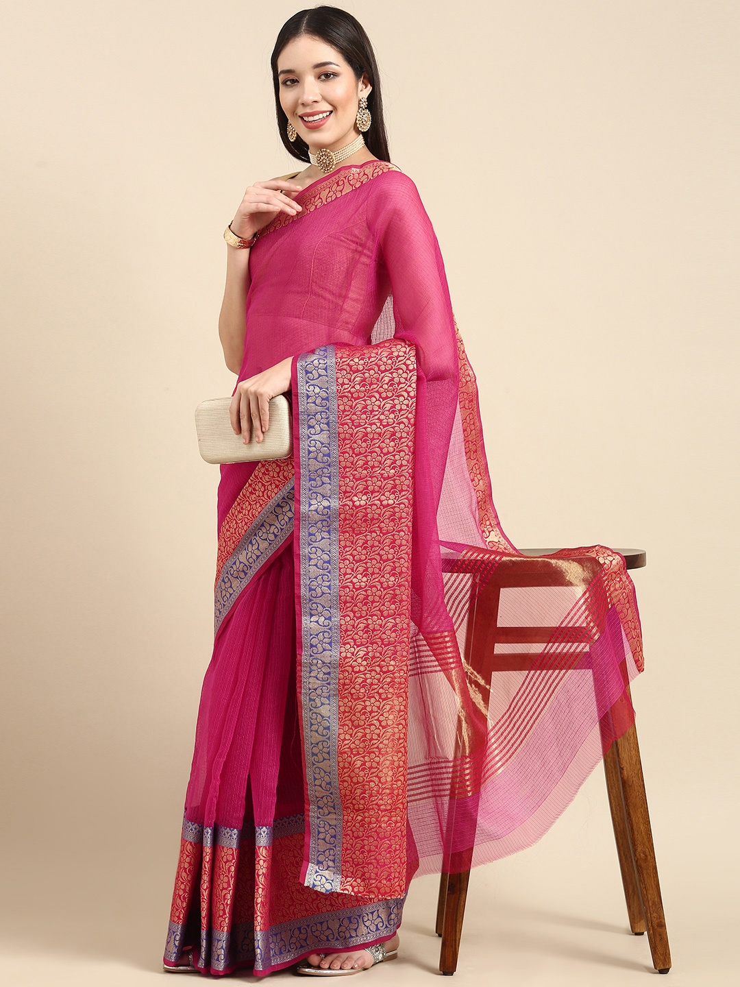 

Anouk Fuchsia Woven Design Zari Pure Cotton Heavy Work Banarasi Saree