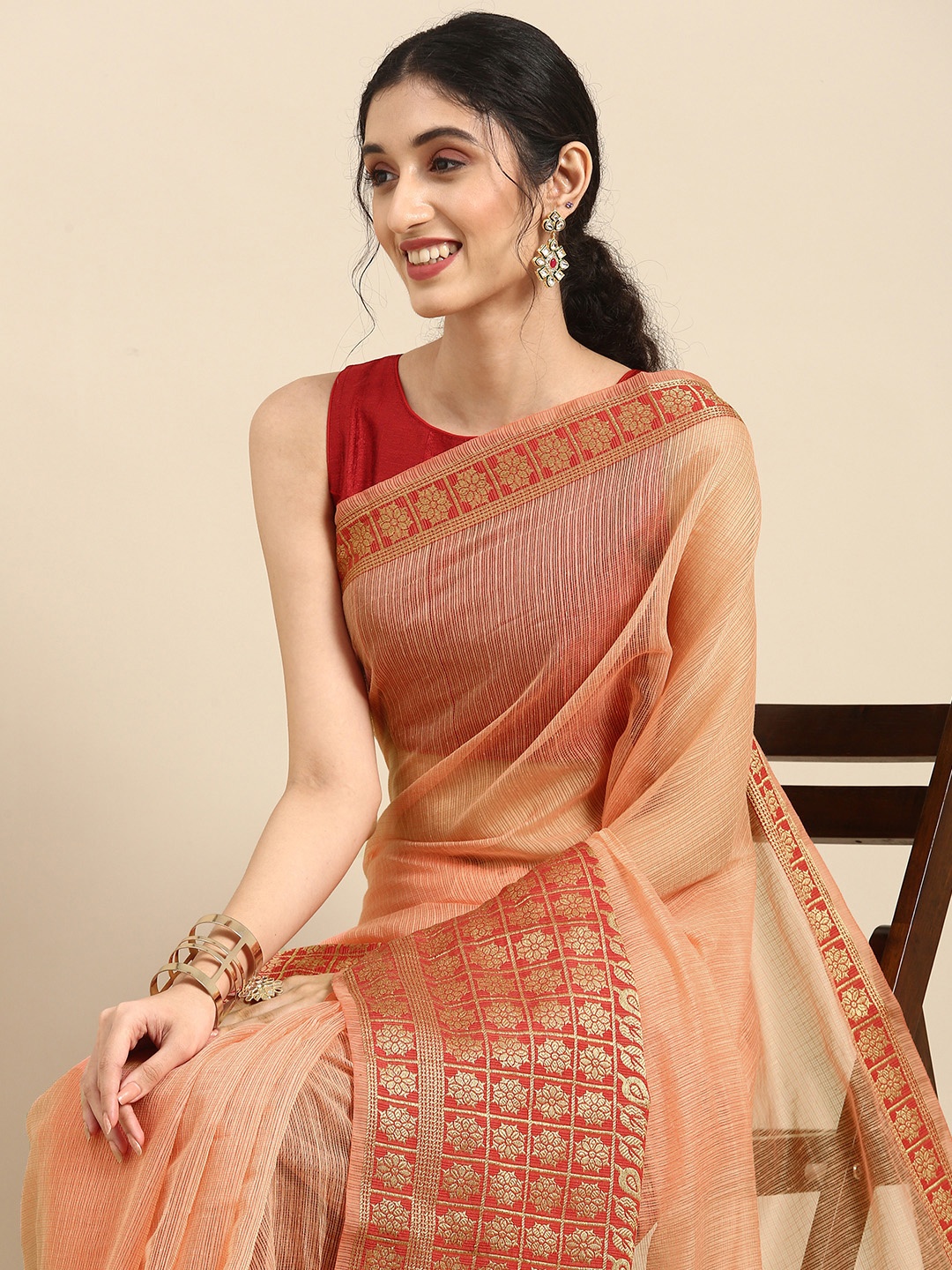 

Anouk Peach-Coloured & Gold-Coloured Woven Desig Pure Cotton Kota Saree