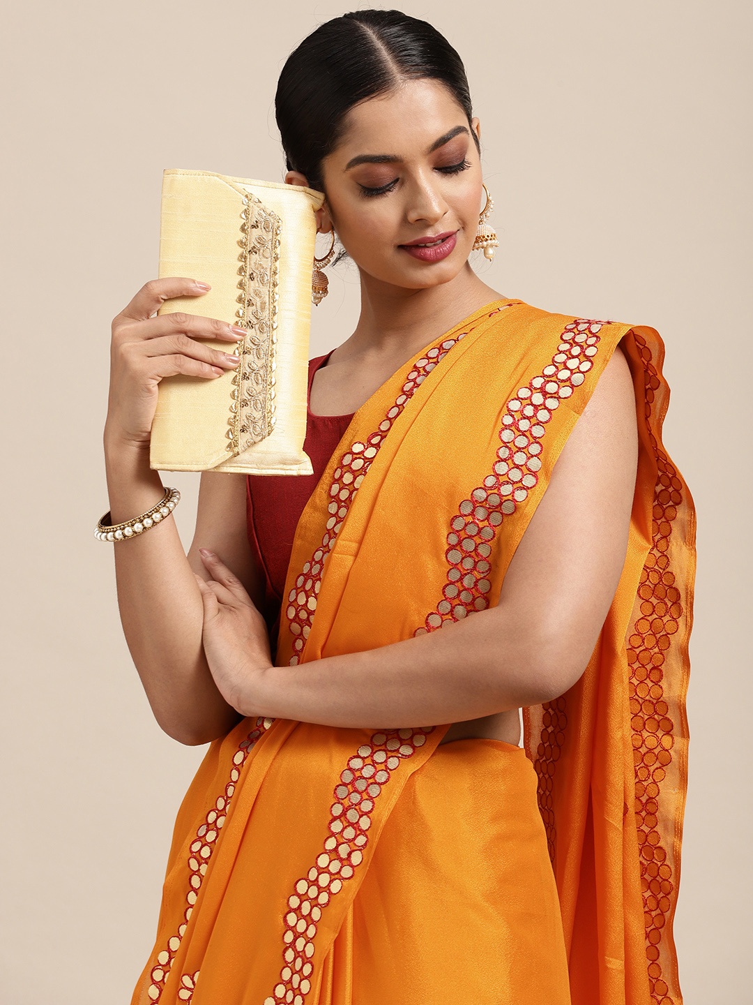 

Anouk Mustard Yellow & Red Floral Mirror Work Silk Blend Saree