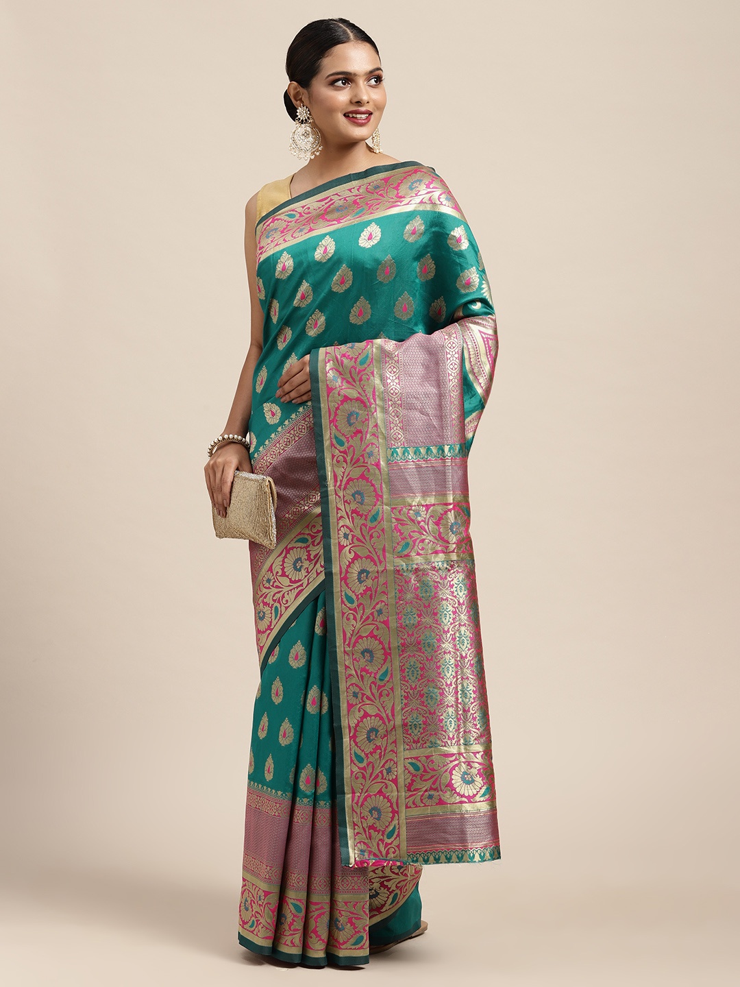 

Anouk Turquoise Blue & Gold-Toned Ethnic Motifs Zari Silk Blend Banarasi Saree