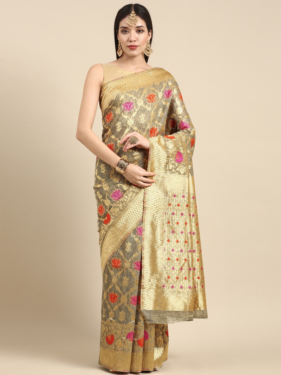 

Anouk Grey & Gold-Coloured Woven Design Silk Blend Banarasi Saree