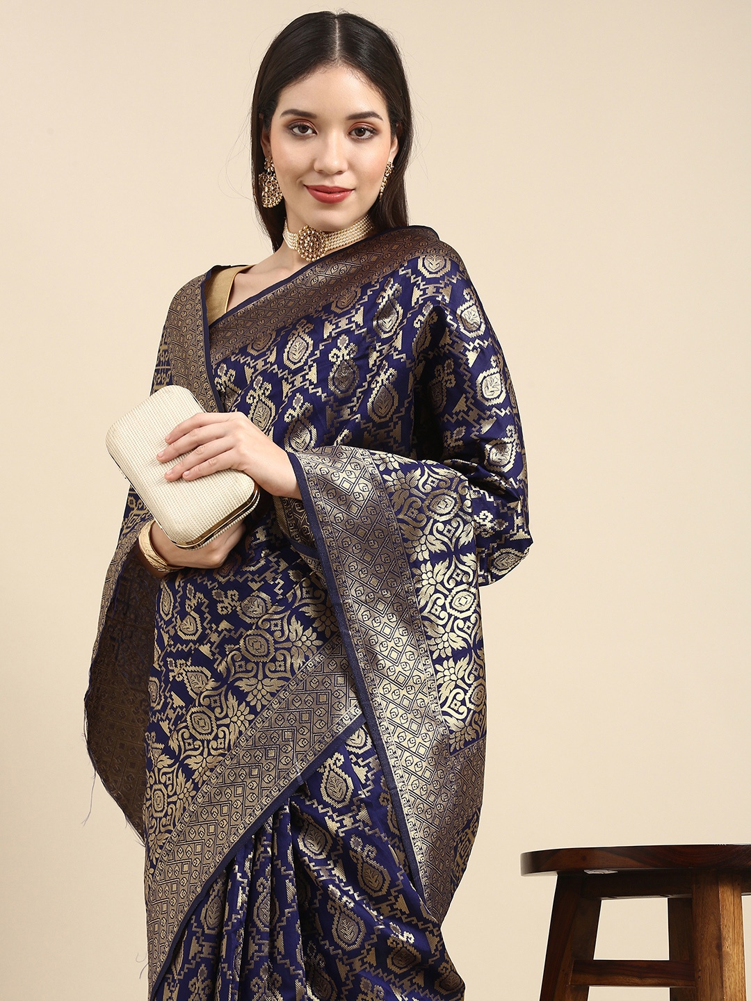 

Anouk Navy Blue Ethnic Motifs Zari Pure Silk Heavy Work Saree