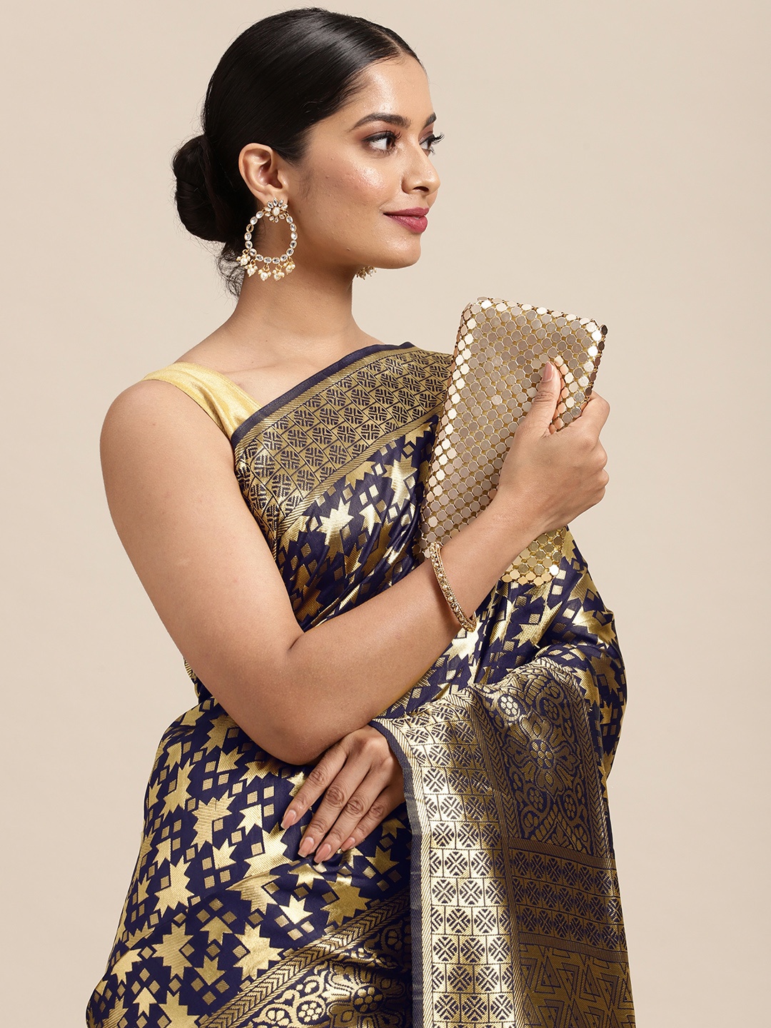 

Anouk Navy Blue & Gold-Toned Ethnic Motifs Zari Pure Silk Banarasi Saree