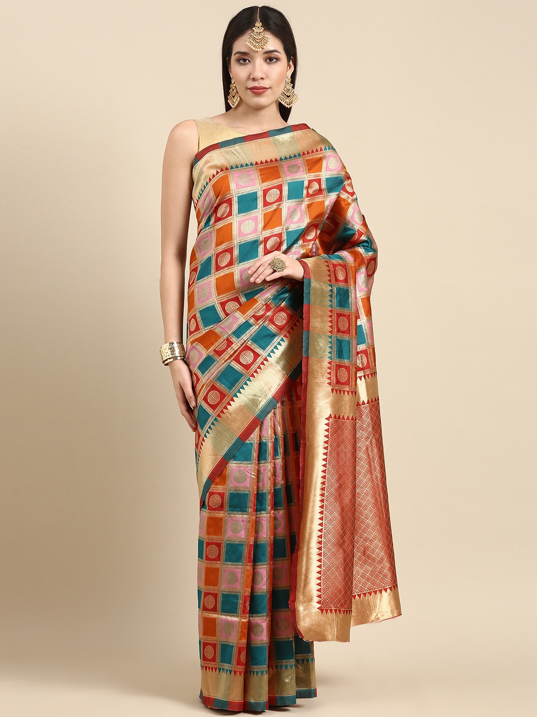 

Anouk Orange & Blue Woven Design Zari Pure Silk Heavy Work Banarasi Saree
