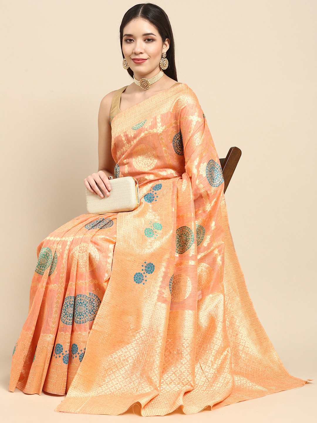 

Anouk Orange Woven Design Zari Silk Blend Heavy Work Banarasi Saree