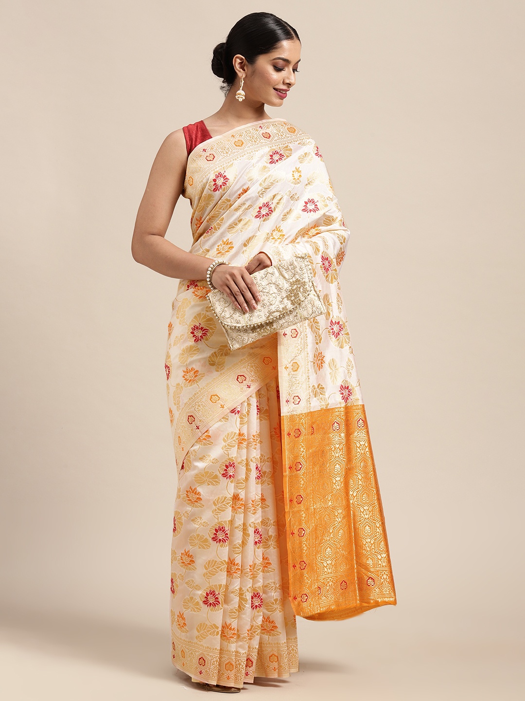 

Anouk White & Gold-Toned Ethnic Motifs Zari Pure Silk Onam Kasavu Saree