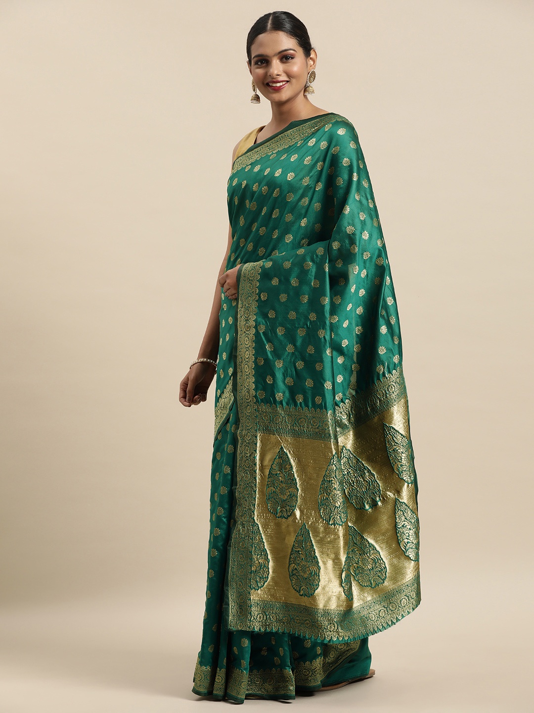 

Anouk Sea Green & Gold-Toned Ethnic Motifs Zari Pure Silk Saree